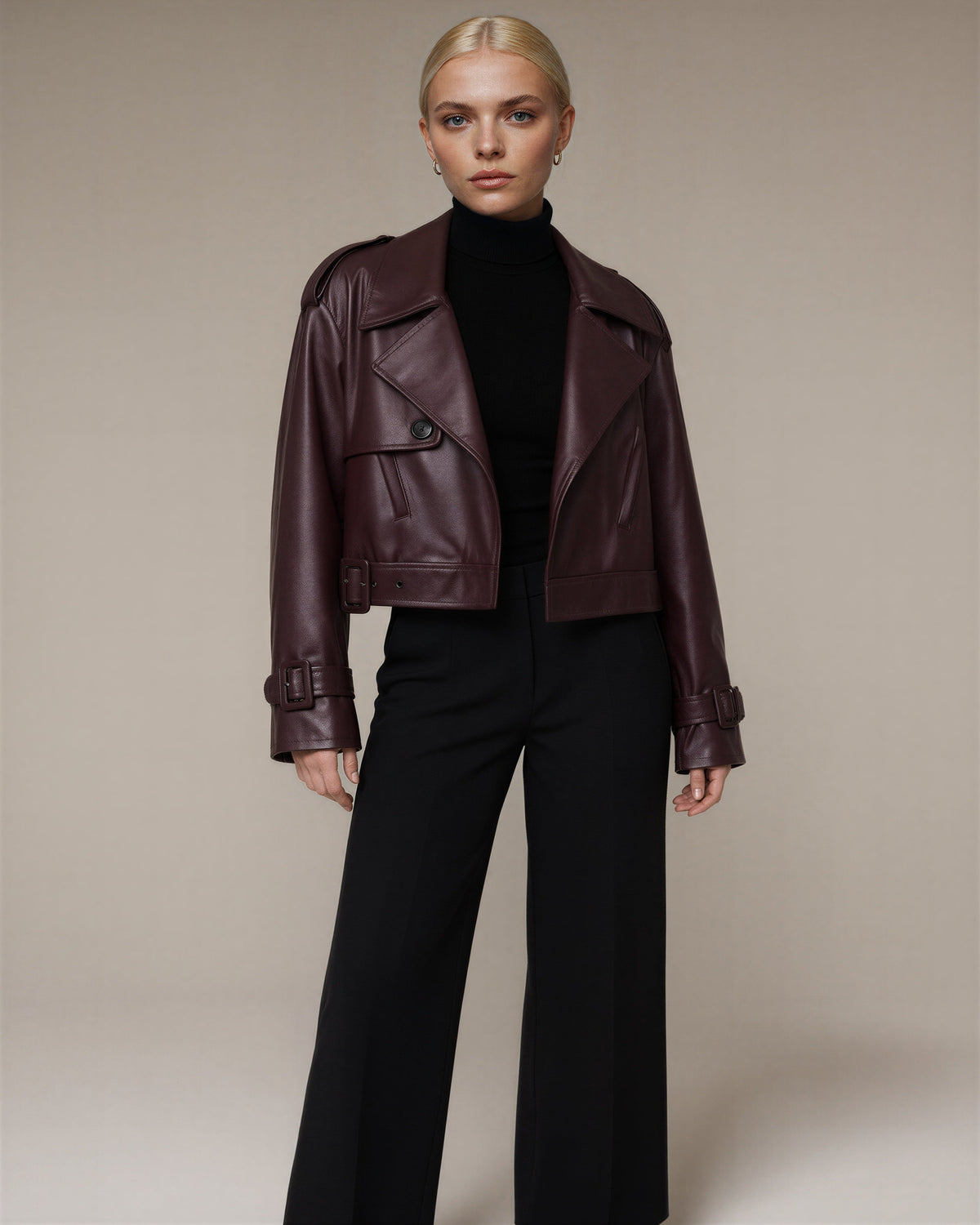 Tamara Belted Epaulette Cropped Faux Leather Jacket, burgundy, three quarter view