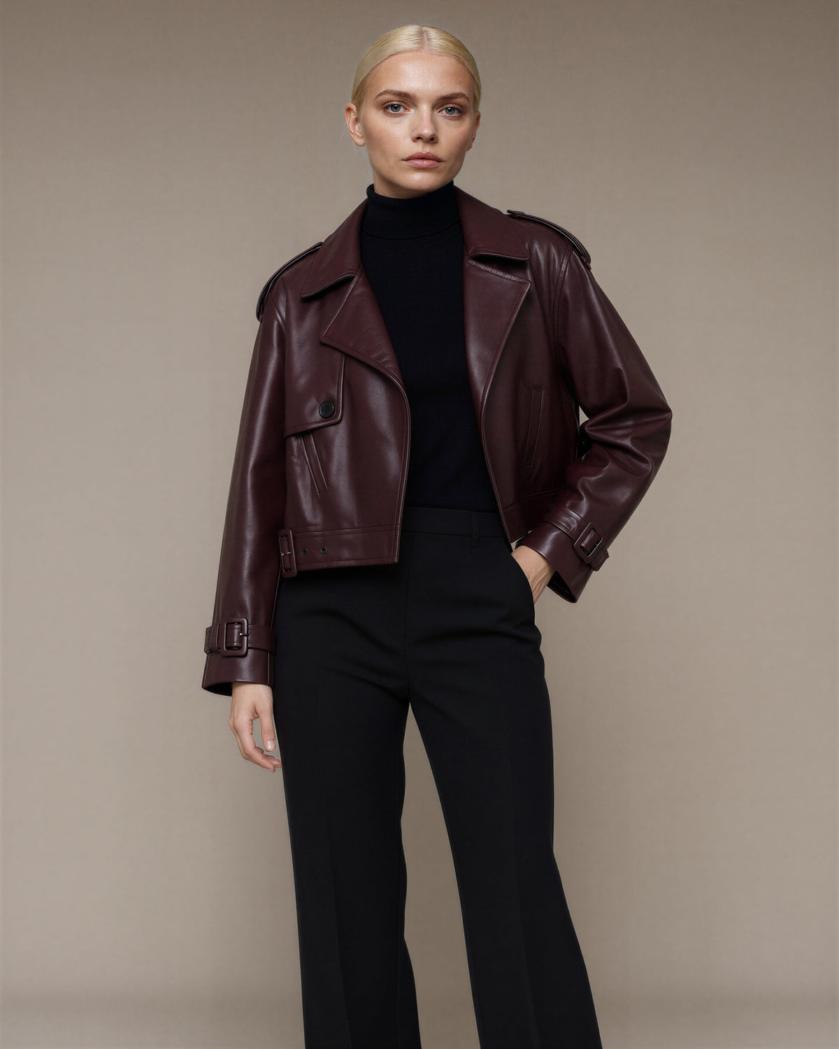 Tamara Belted Epaulette Cropped Faux Leather Jacket, burgundy, front, hands on the waist