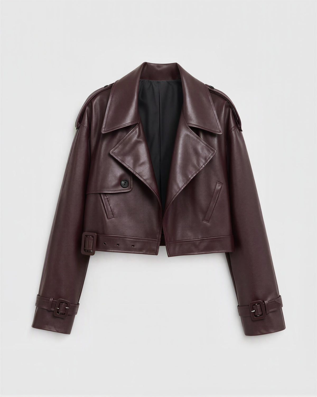 Tamara Belted Epaulette Cropped Faux Leather Jacket, burgundy, product view without a model