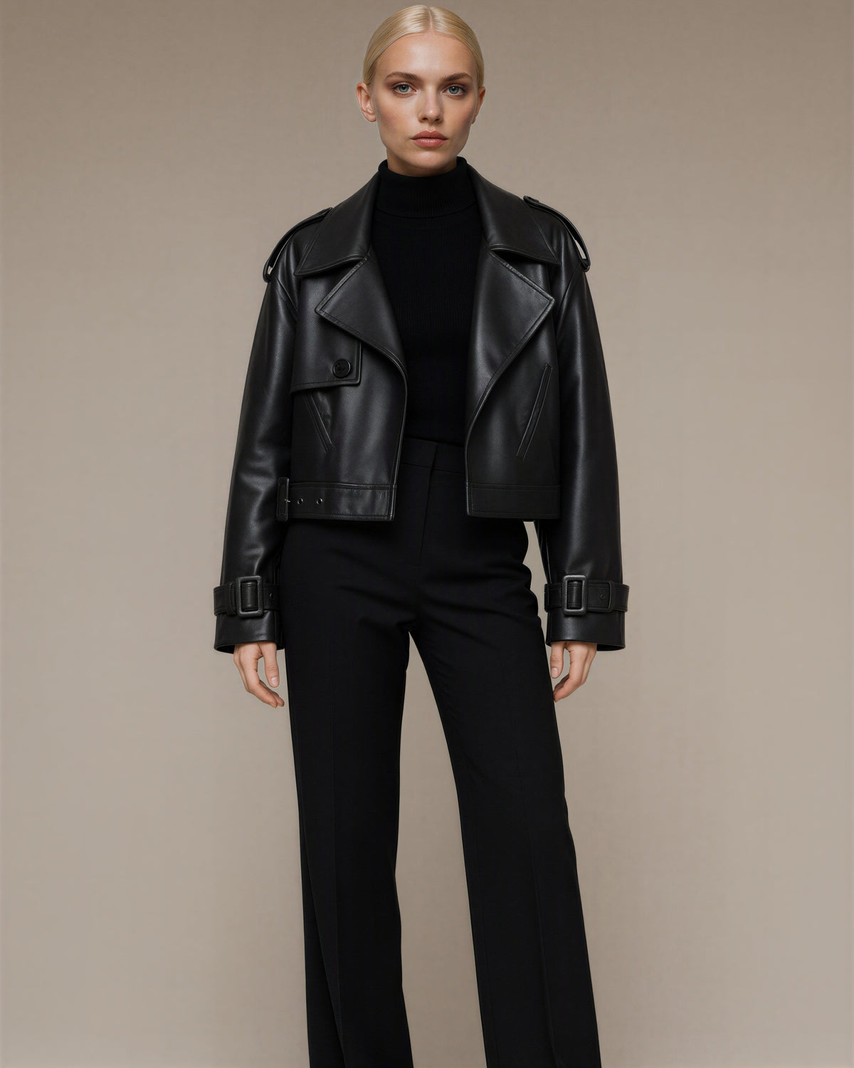 Tamara Belted Epaulette Cropped Faux Leather Jacket, black color option