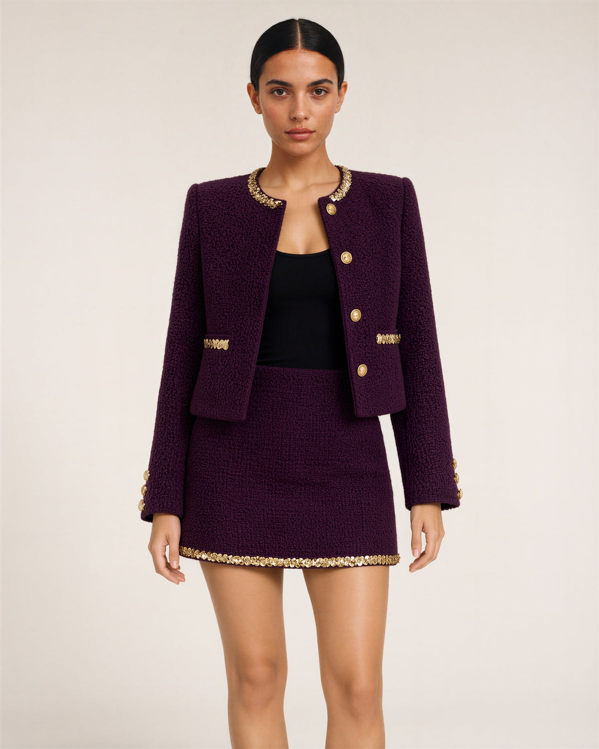 Tatiana Sequinned Chenille Tweed Jacket and Skirt Set, purple, front view