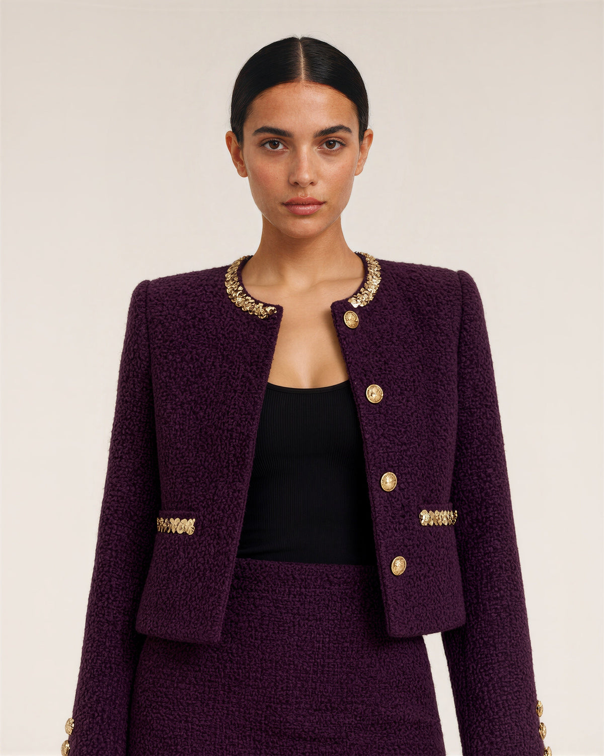 Tatiana Sequinned Chenille Tweed Jacket and Skirt Set, purple, close up above the waist