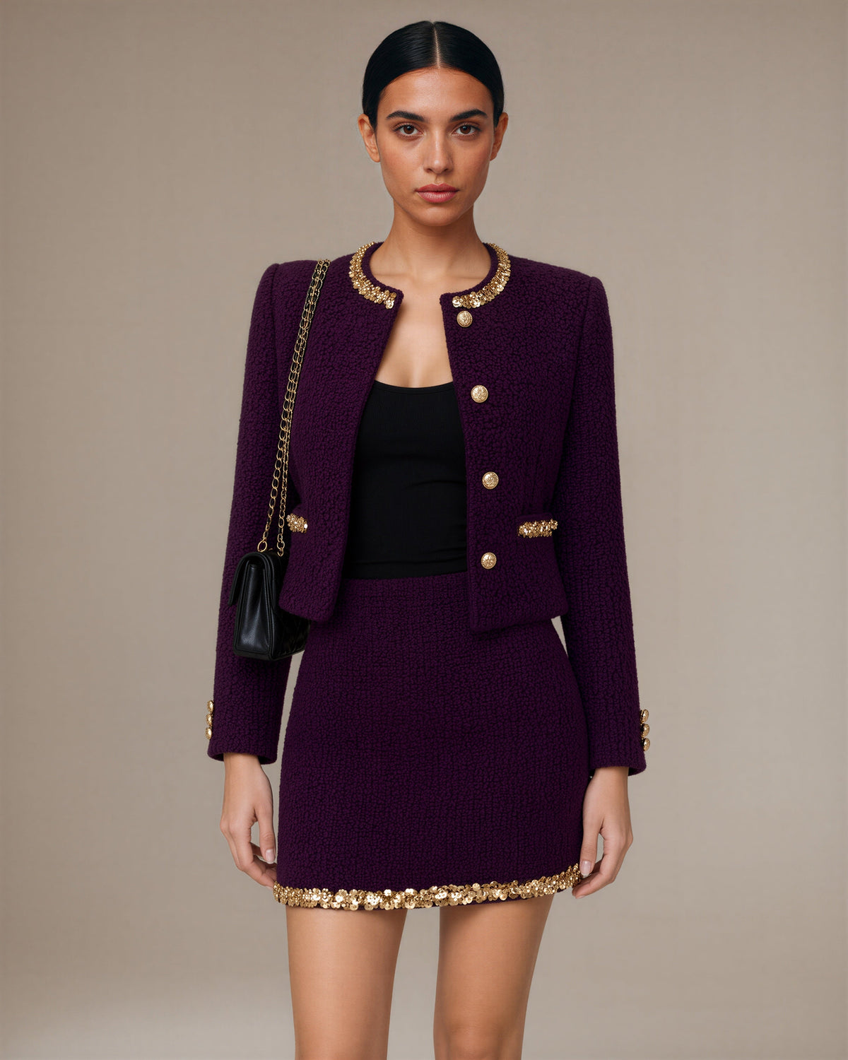 Tatiana Sequinned Chenille Tweed Jacket and Skirt Set, purple, three quarter view
