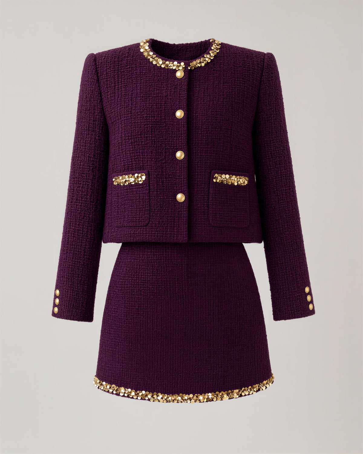 Tatiana Sequinned Chenille Tweed Jacket and Skirt Set, purple, product view without a model