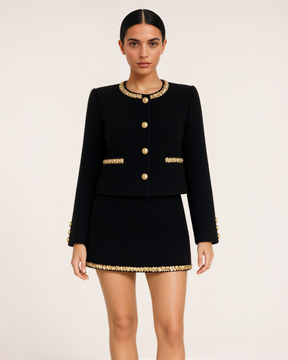 Tatiana Sequinned Chenille Tweed Jacket and Skirt Set, black color option