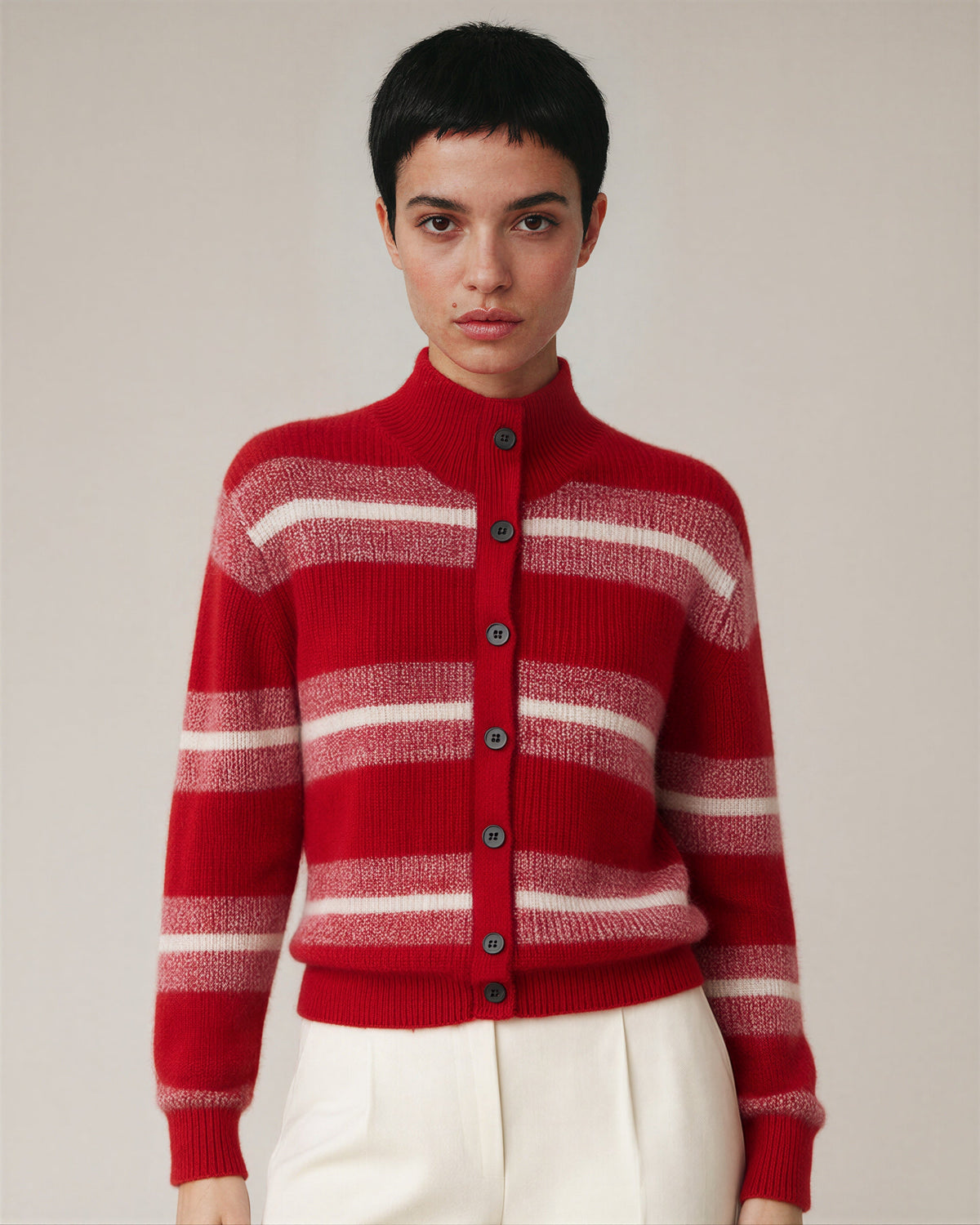Tecla Striped Stand Collar Button Knit Cardigan, red, close up above the waist