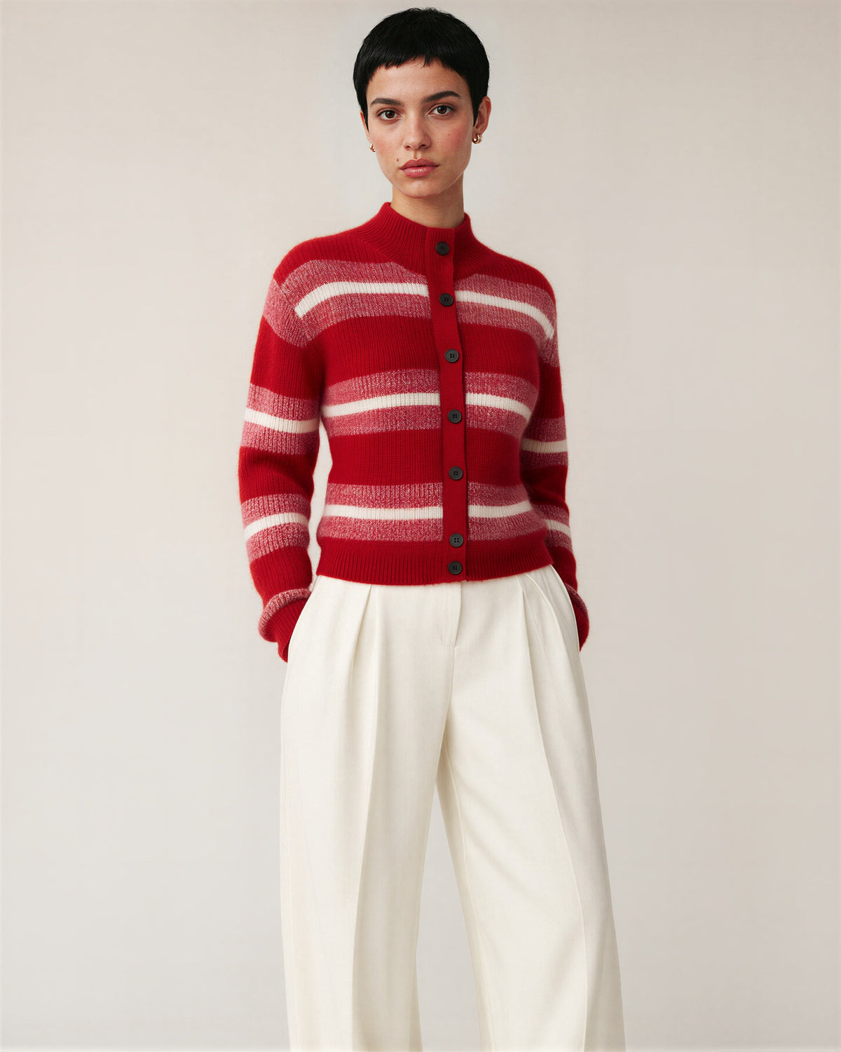 Tecla Striped Stand Collar Button Knit Cardigan, red, three quarter view