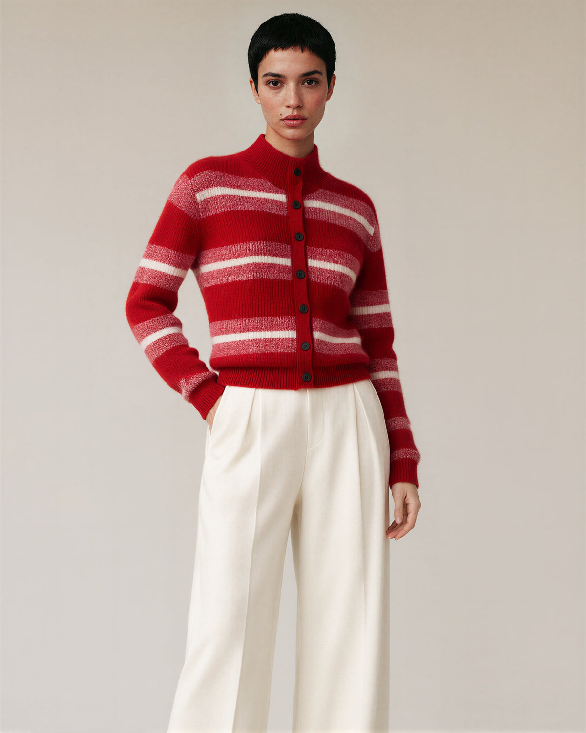 Tecla Striped Stand Collar Button Knit Cardigan, red, front, hands on the waist