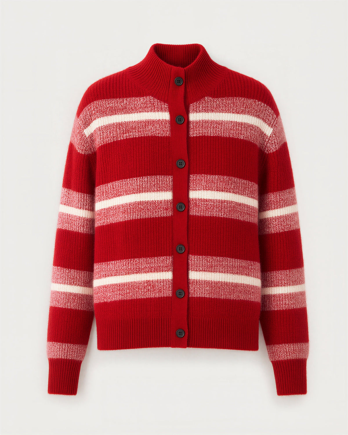 Tecla Striped Stand Collar Button Knit Cardigan, red, product view without a model