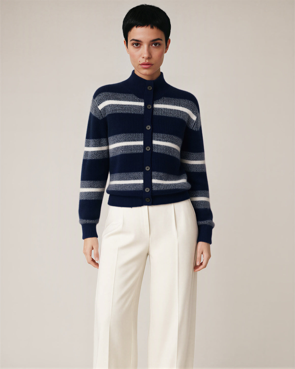 Tecla Striped Stand Collar Button Knit Cardigan, navy color option