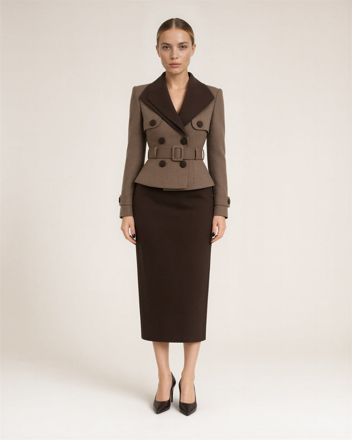 Teresa Belted Peplum Blazer Midi Pencil Dress, mink dark brown, full length front view