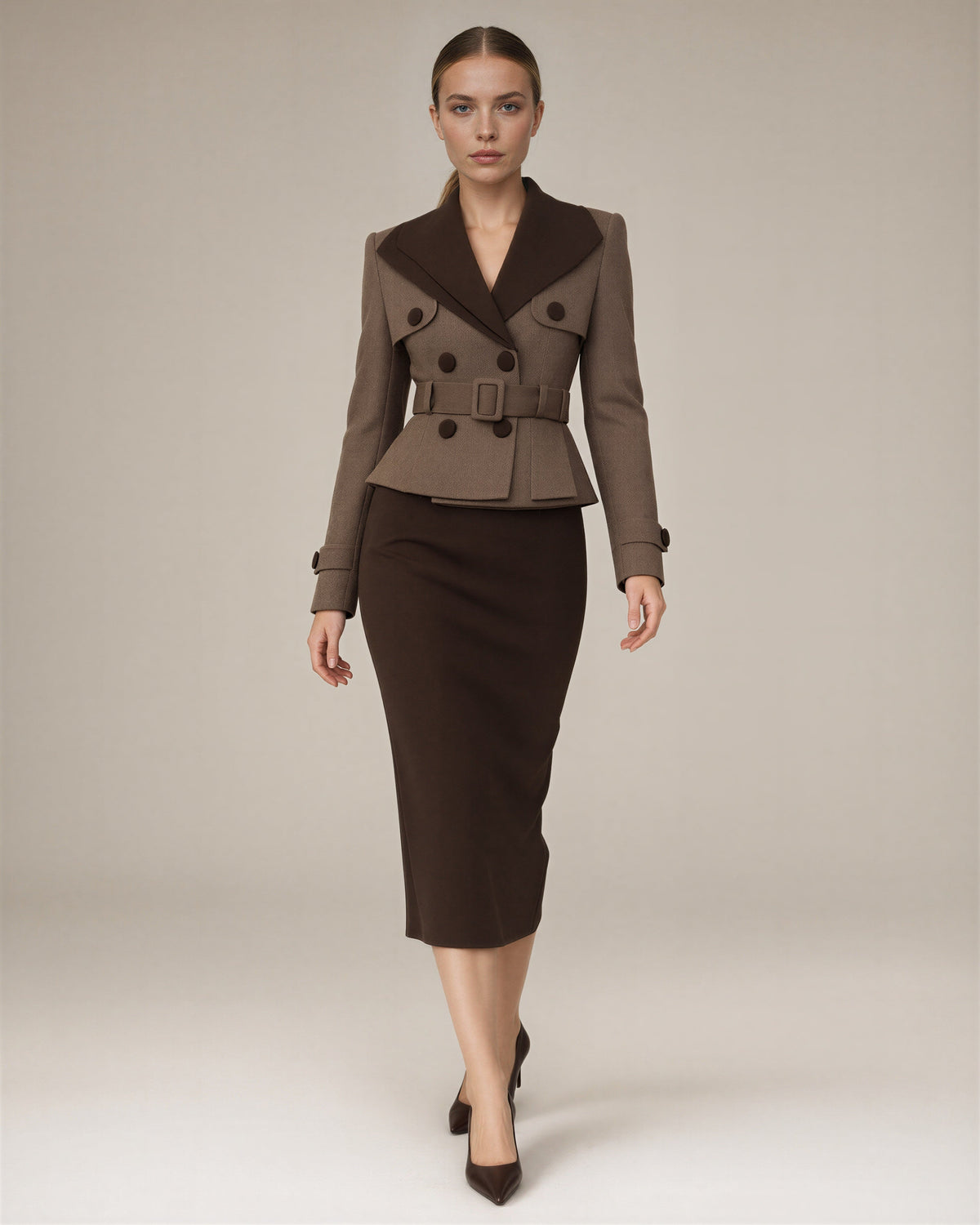 Teresa Belted Peplum Blazer Midi Pencil Dress, mink dark brown, full length walking view