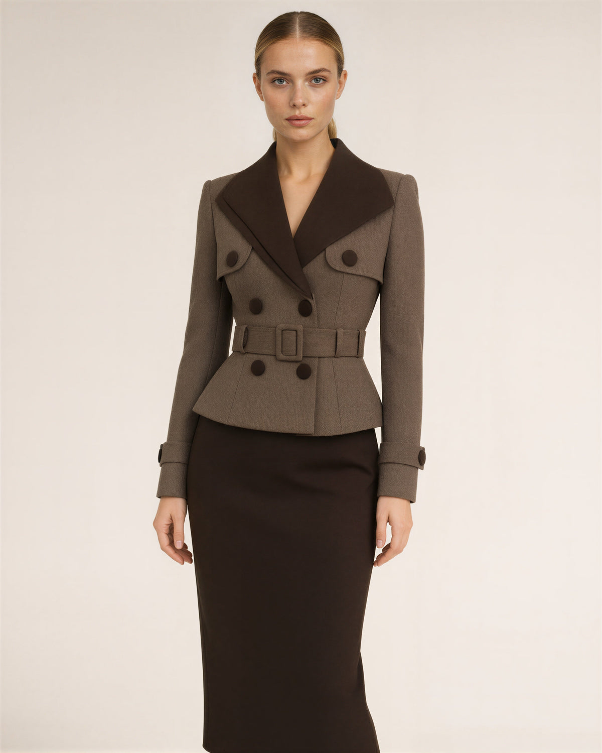 Teresa Belted Peplum Blazer Midi Pencil Dress, mink dark brown, front view