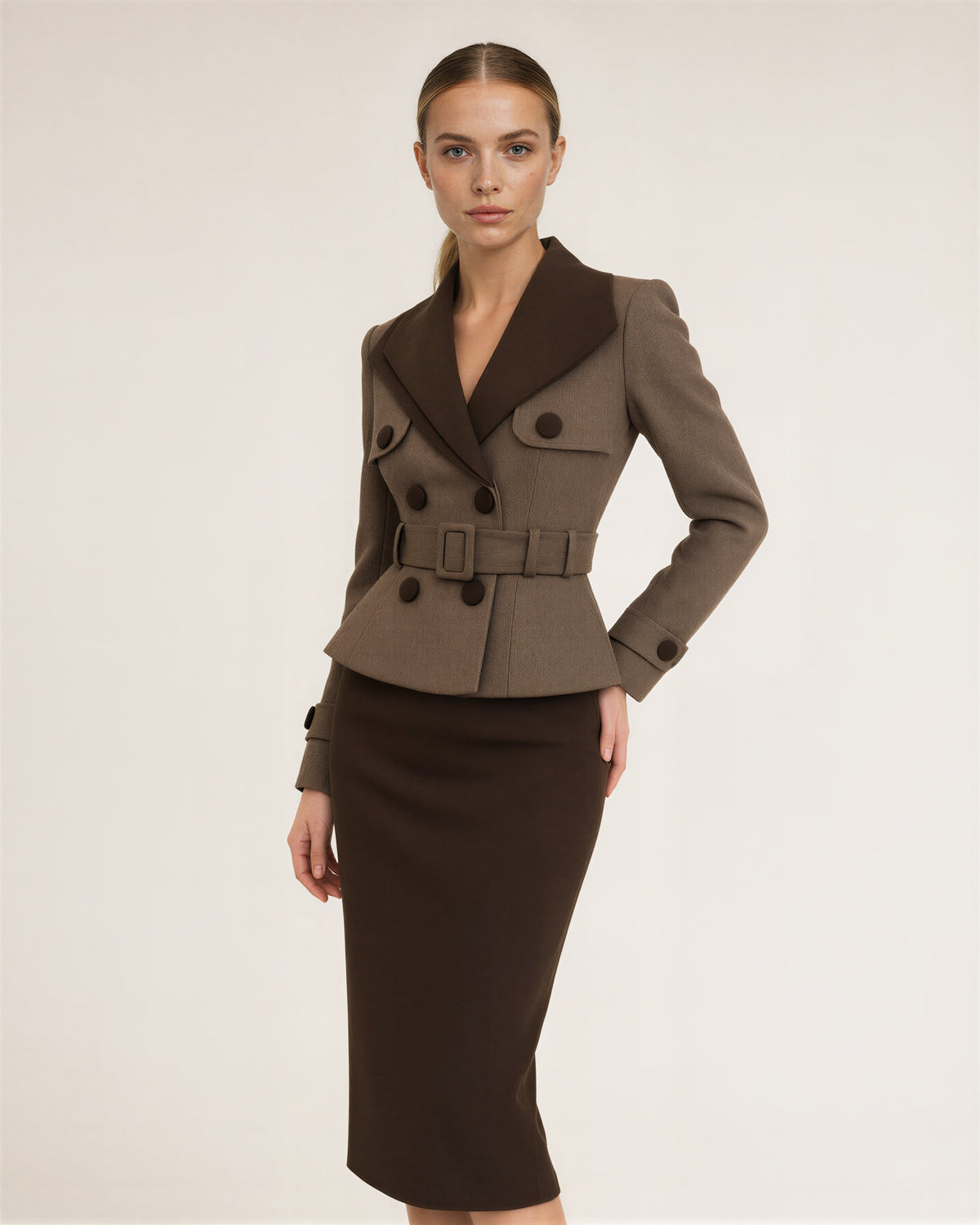 Teresa Belted Peplum Blazer Midi Pencil Dress, mink dark brown, front, hands on the waist