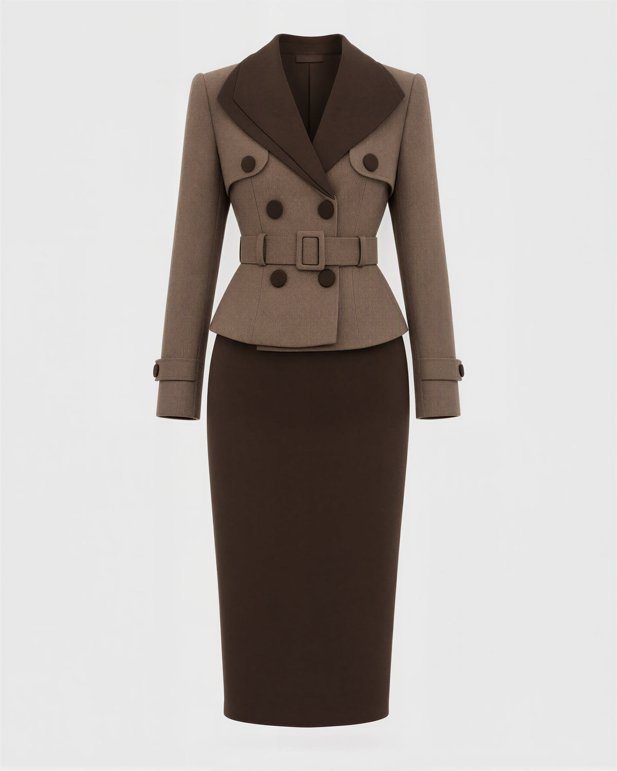 Teresa Belted Peplum Blazer Midi Pencil Dress, mink dark brown, product view without a model