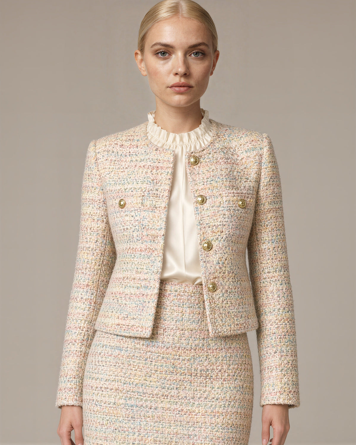 Tiziana Tweed Cropped Jacket and Mini Skirt Set, cream pink, close up above the waist