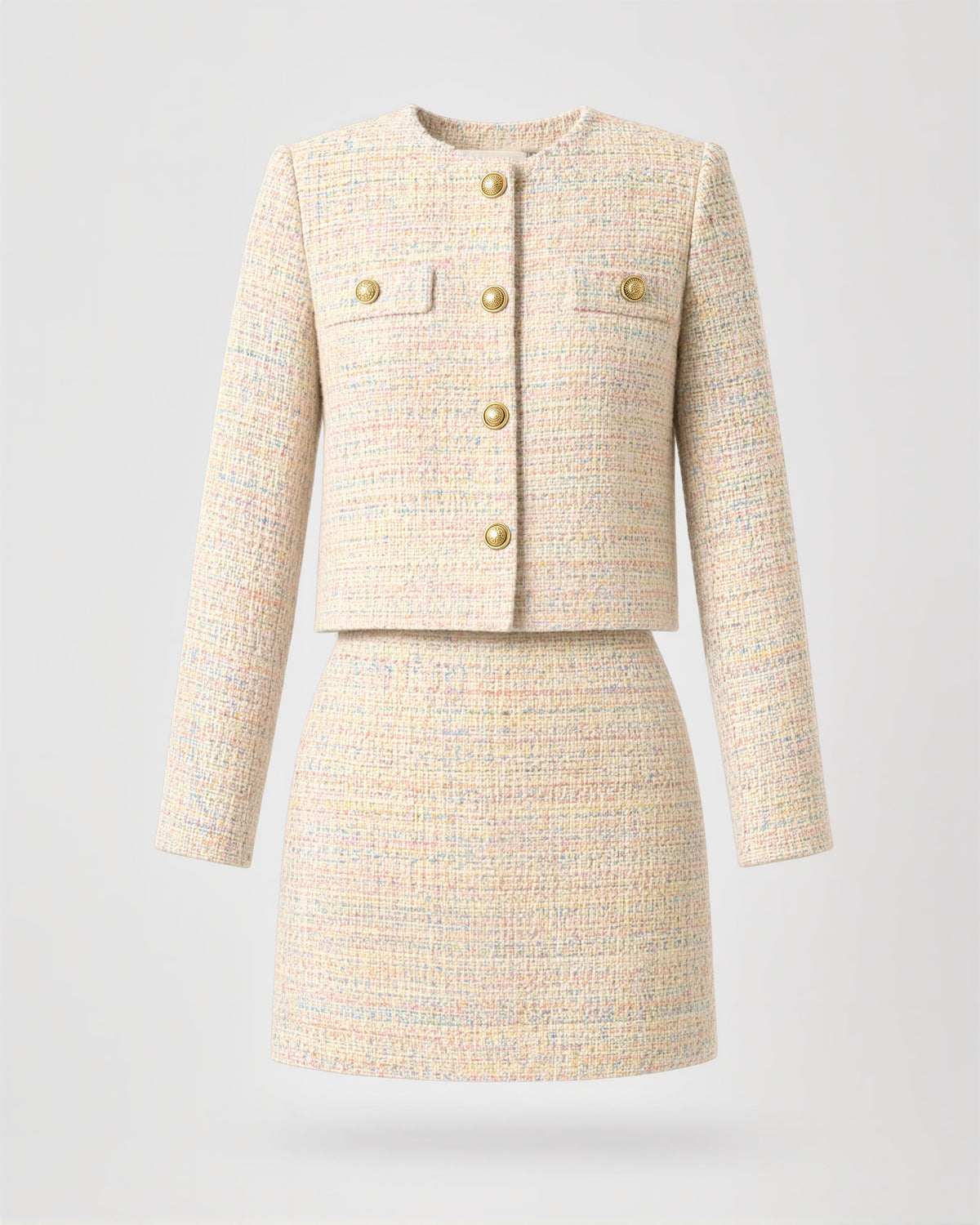 Tiziana Tweed Cropped Jacket and Mini Skirt Set, cream pink, product view without a model