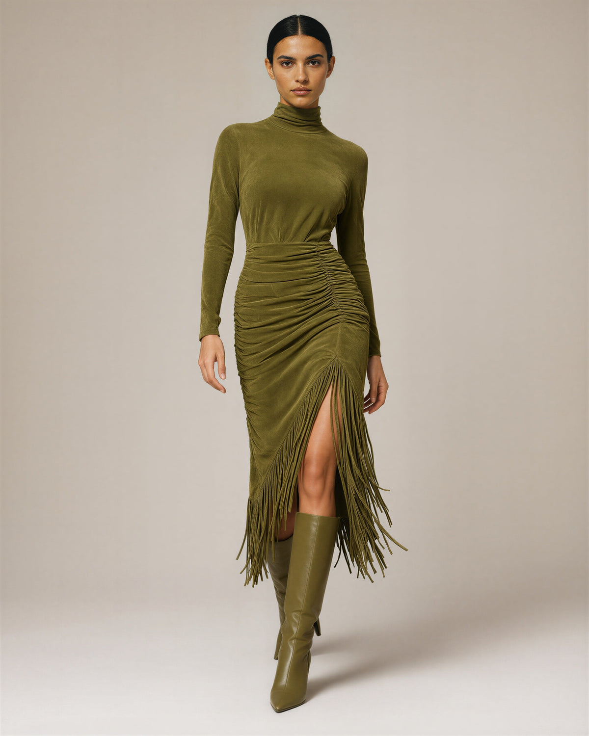 Tullia Fringed Faux Suede Turtleneck Midi Dress, olive green, full length walking view