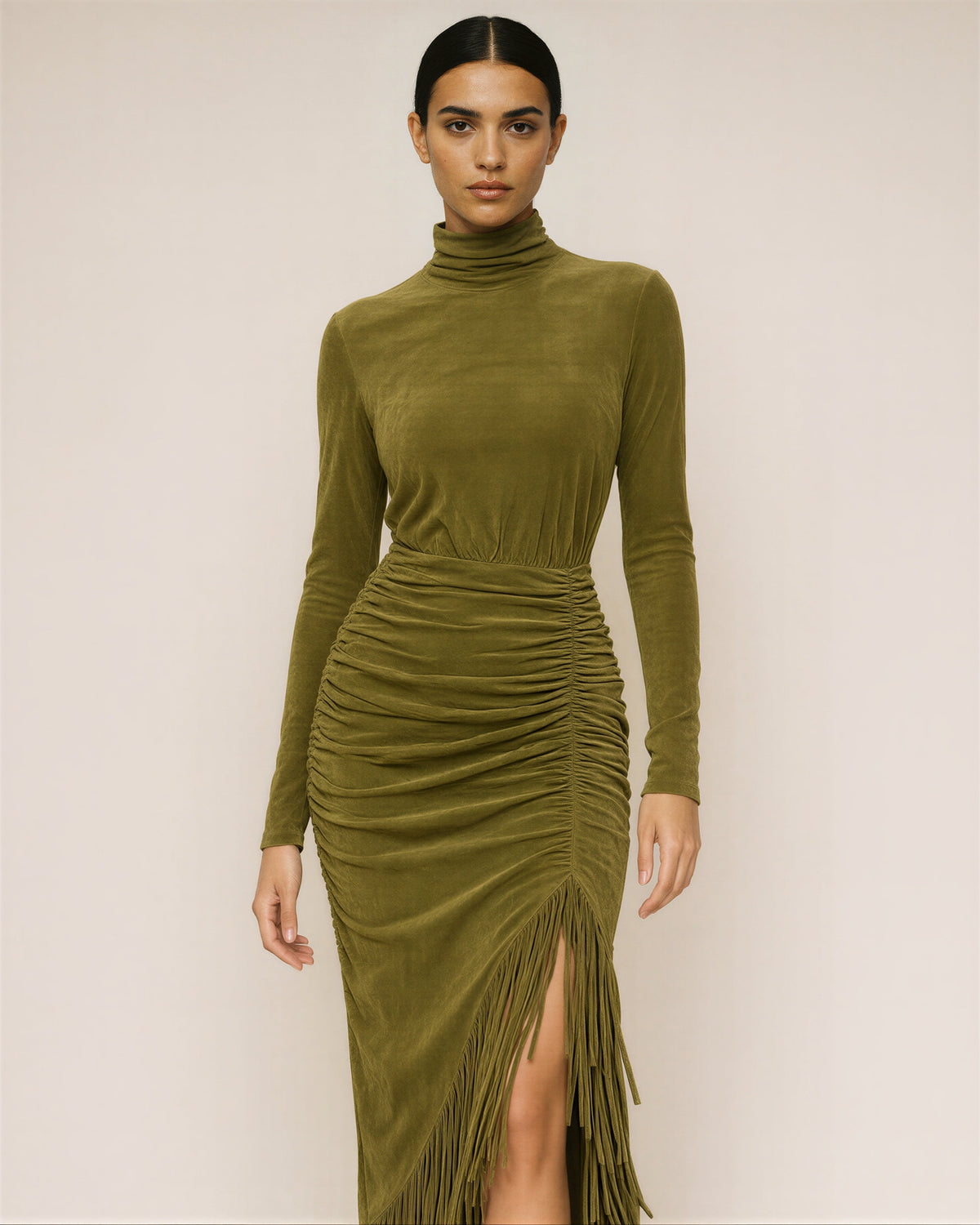 Tullia Fringed Faux Suede Turtleneck Midi Dress, olive green, front view