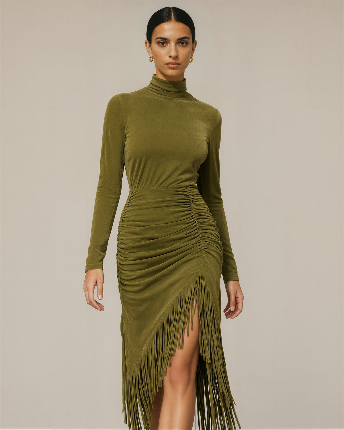 Tullia Fringed Faux Suede Turtleneck Midi Dress, olive green, three quarter view