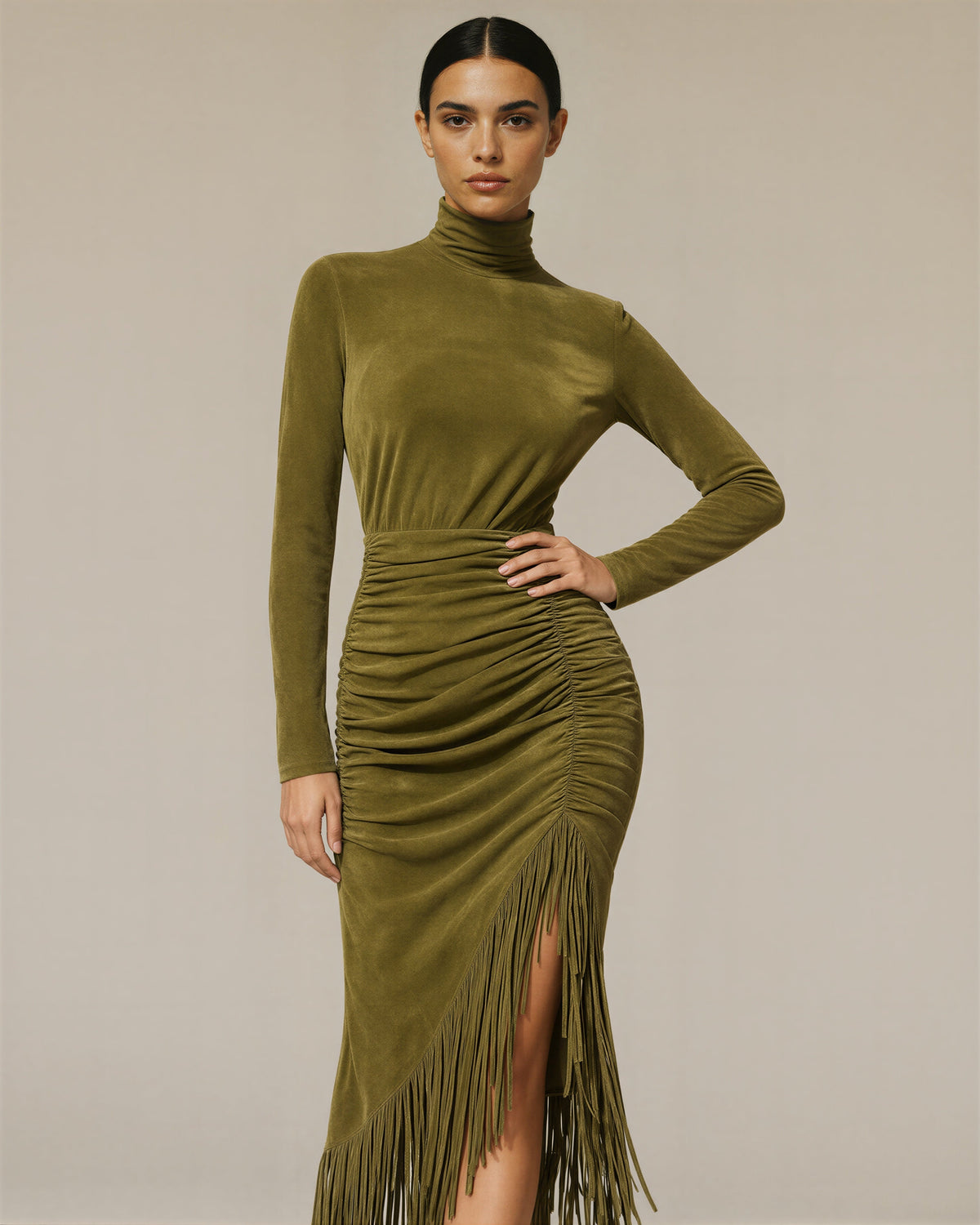 Tullia Fringed Faux Suede Turtleneck Midi Dress, olive green, front, hands on the waist