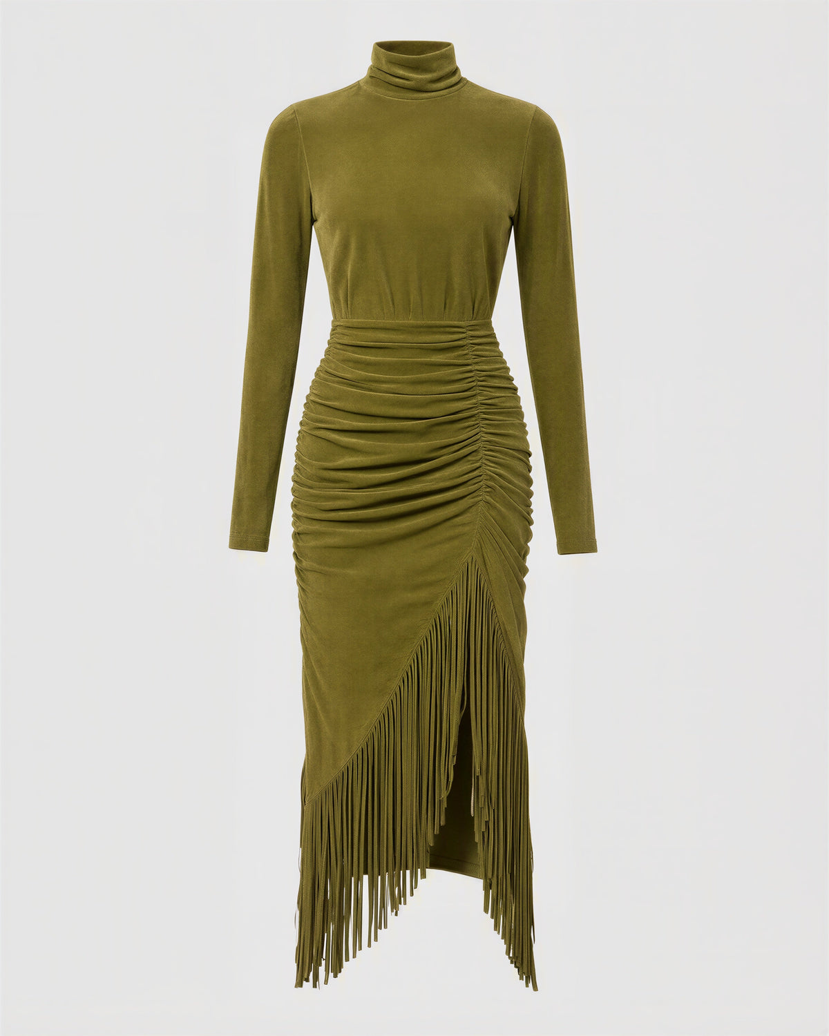 Tullia Fringed Faux Suede Turtleneck Midi Dress, olive green, product view without a model