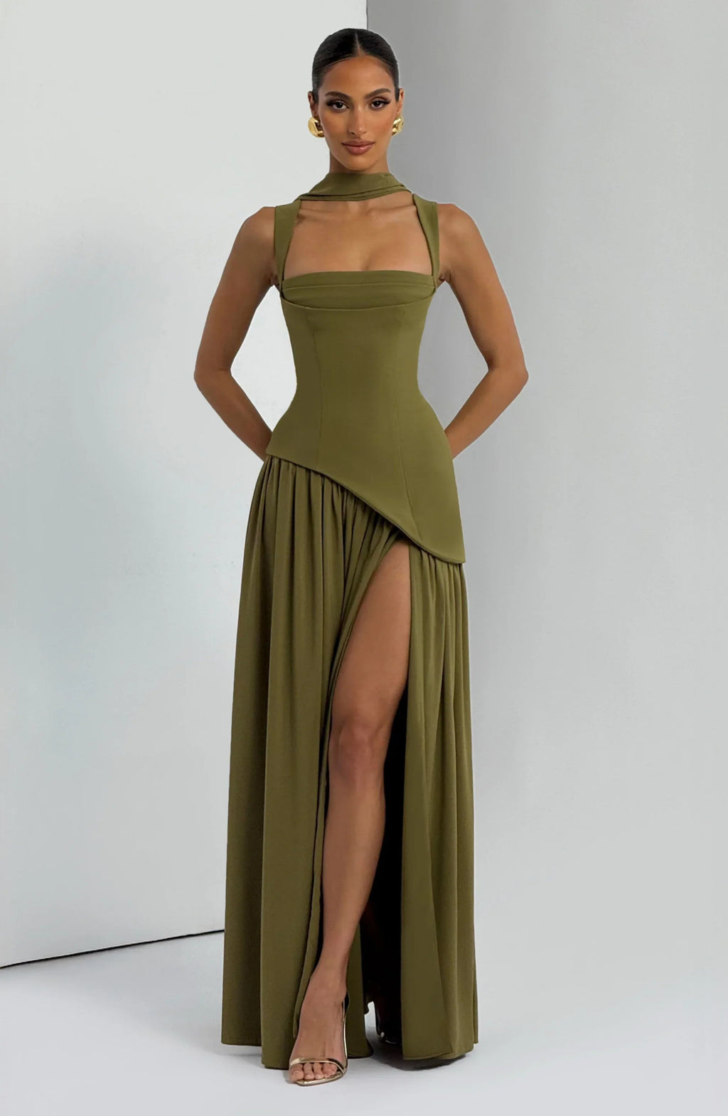 Olive Square Neck Corset Chiffon Maxi Dress — Svelte Chic
