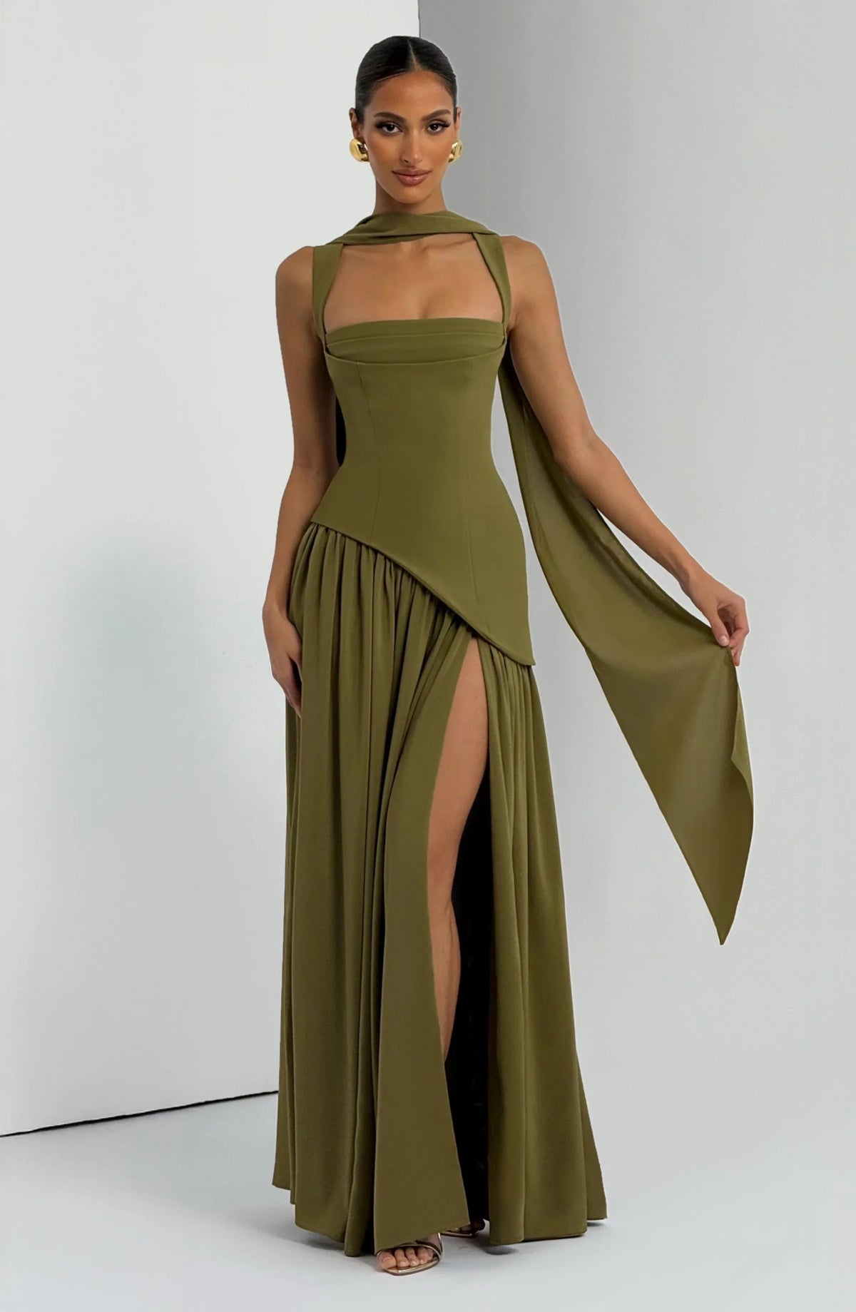 Olive Square Neck Corset Chiffon Maxi Dress — Svelte Chic