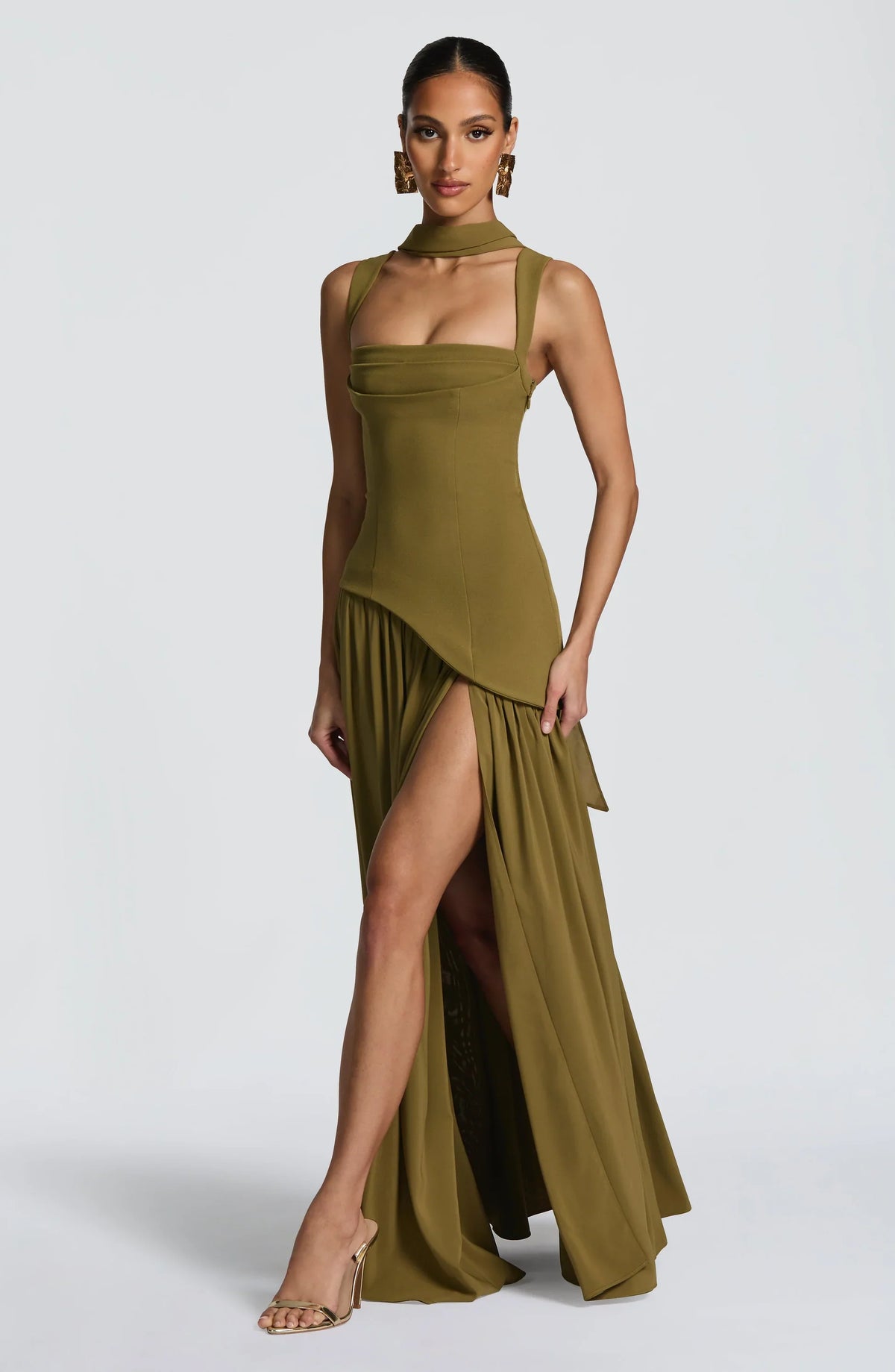 Olive Square Neck Corset Chiffon Maxi Dress — Svelte Chic