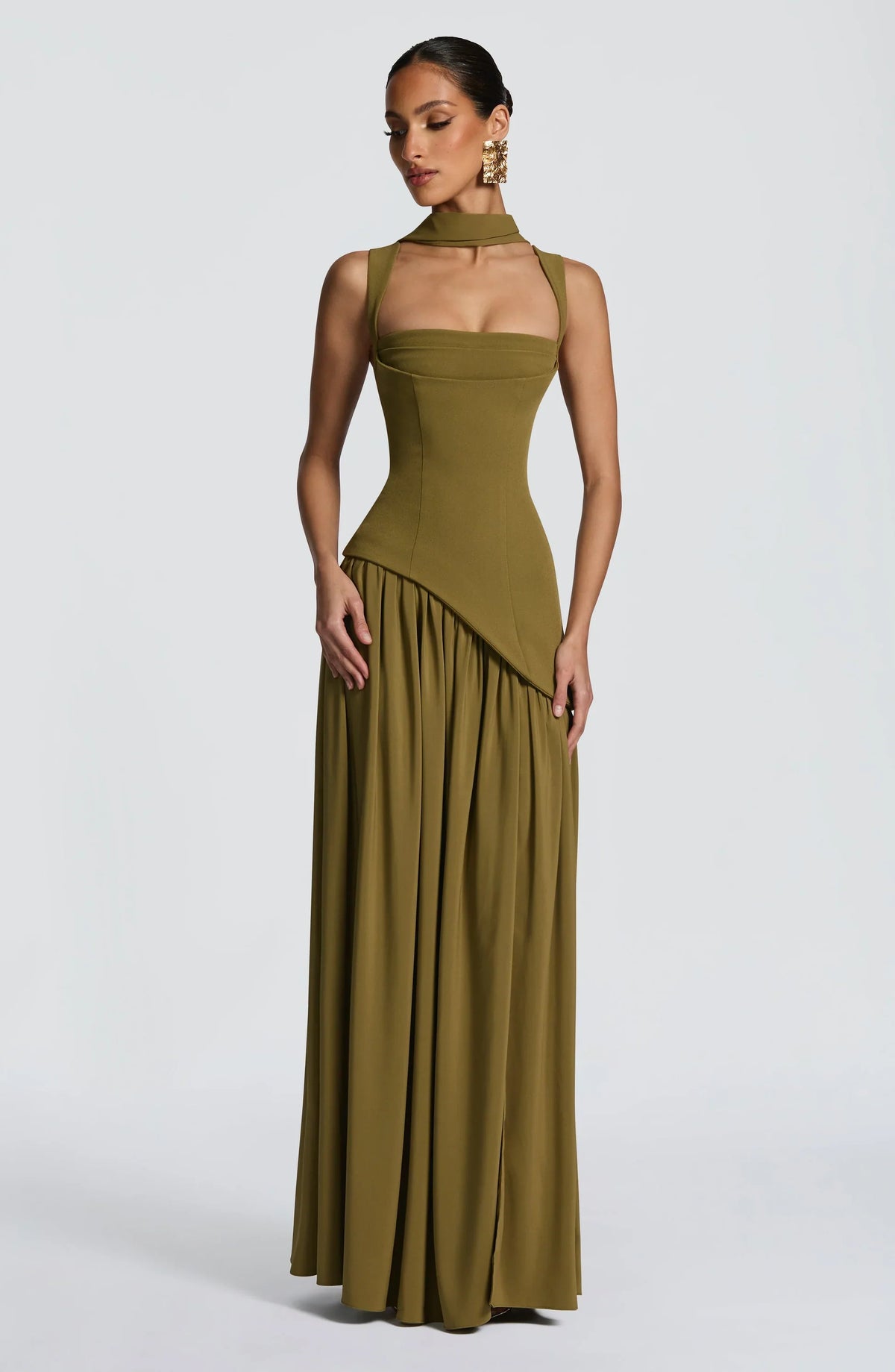 Olive Square Neck Corset Chiffon Maxi Dress — Svelte Chic