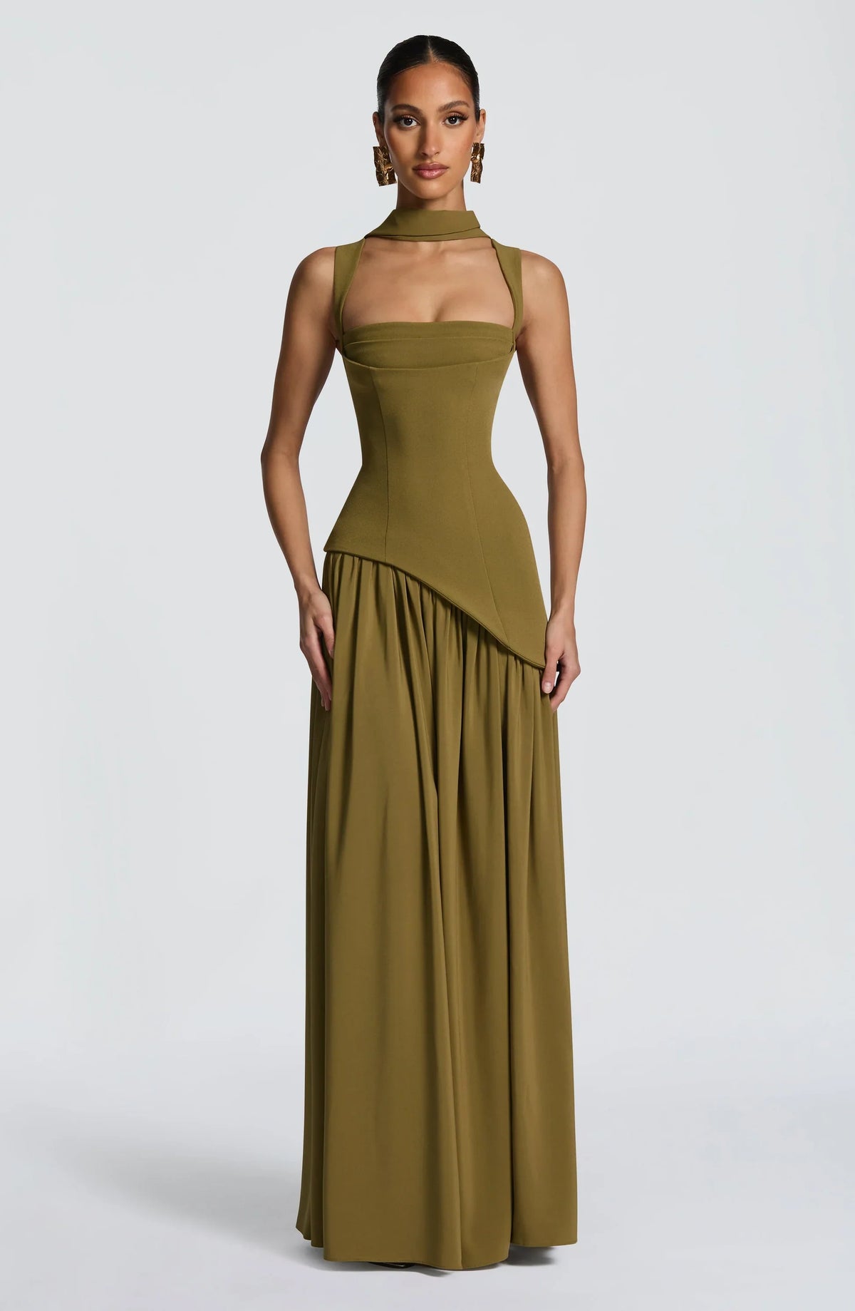 Olive Square Neck Corset Chiffon Maxi Dress — Svelte Chic