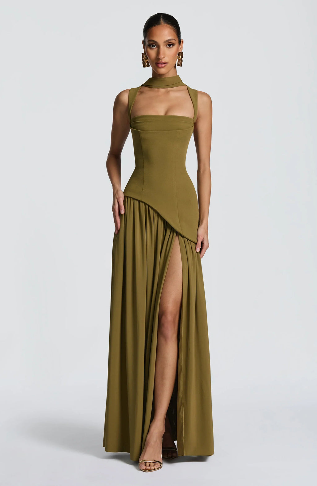 Olive Square Neck Corset Chiffon Maxi Dress — Svelte Chic