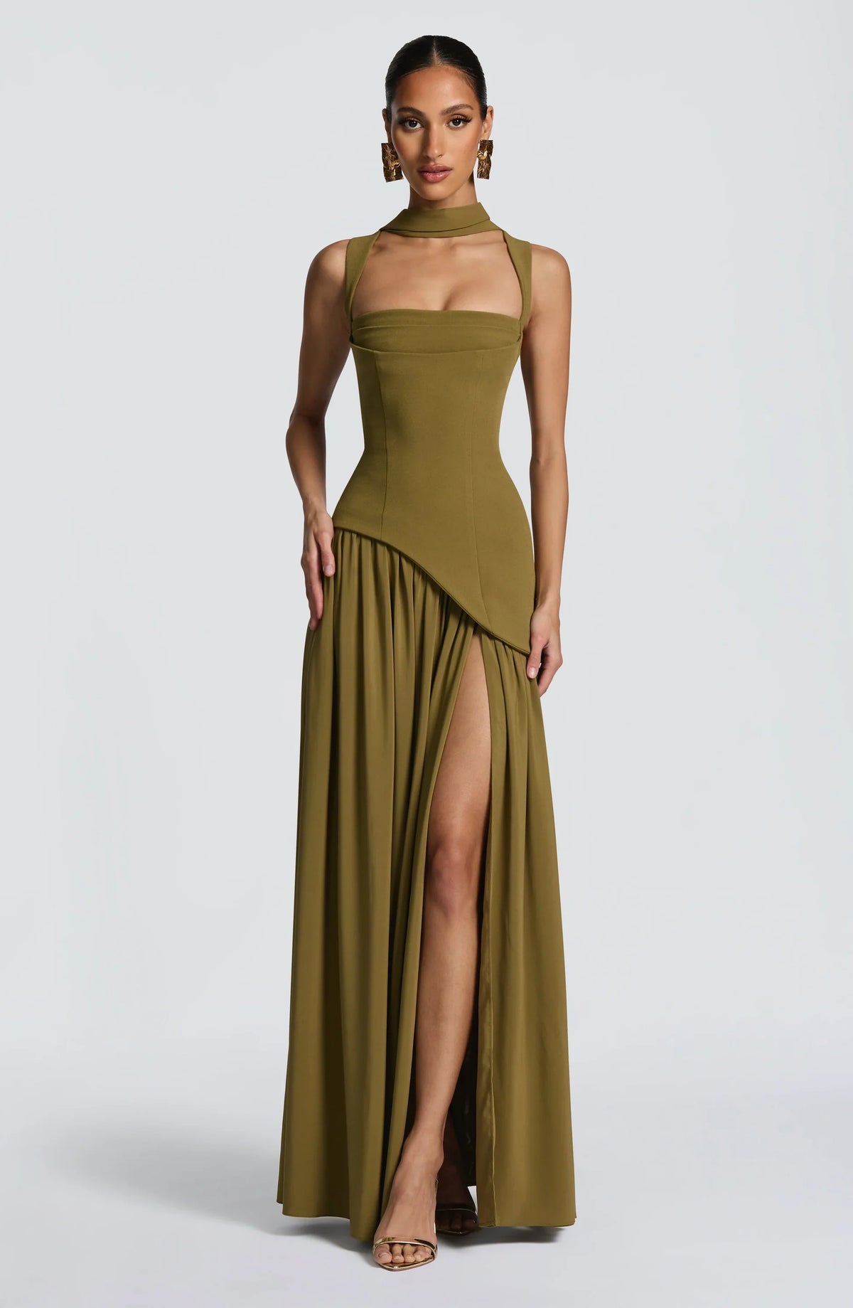 Olive Square Neck Corset Chiffon Maxi Dress — Svelte Chic