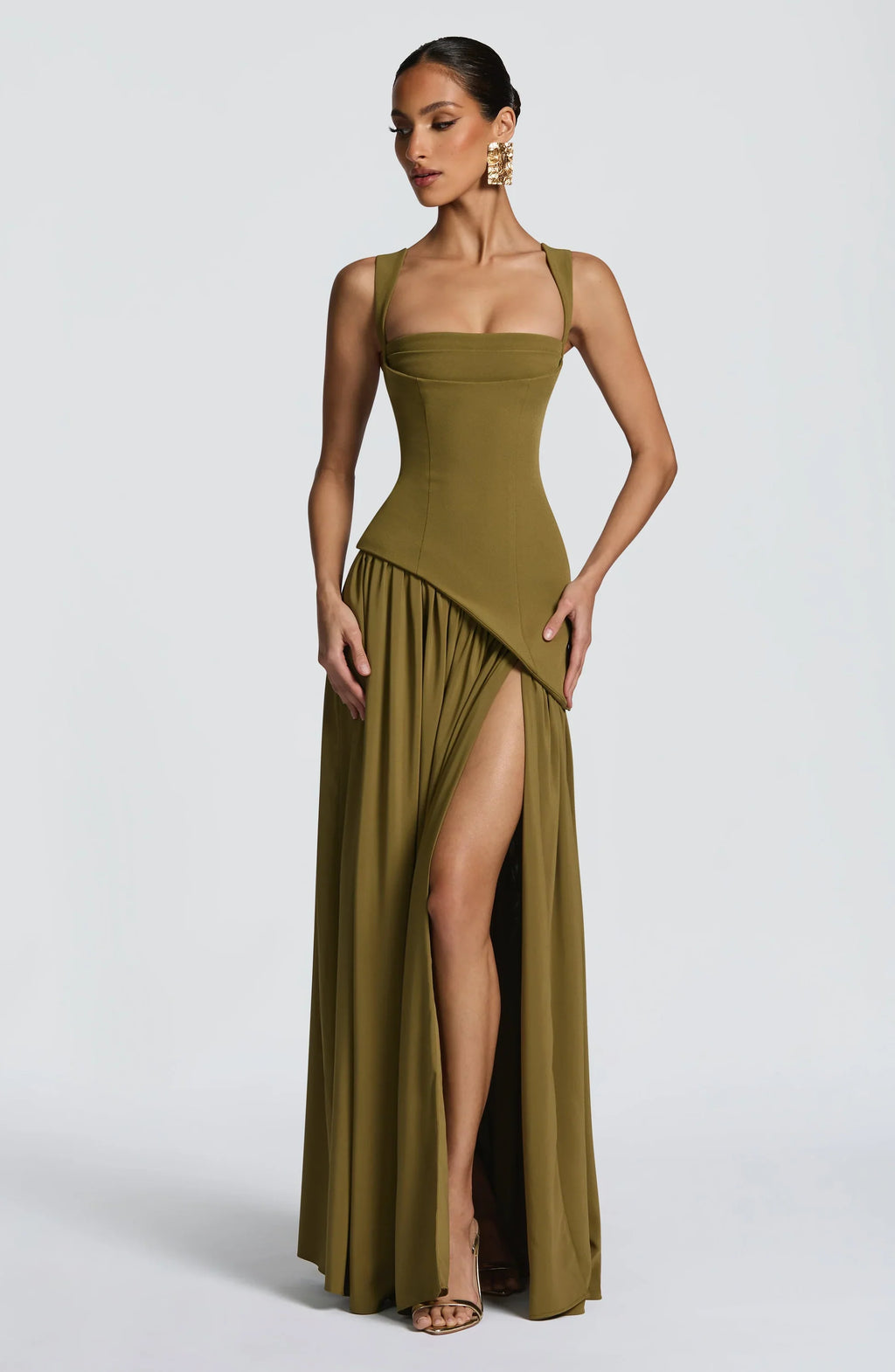 Olive Square Neck Corset Chiffon Maxi Dress — Svelte Chic