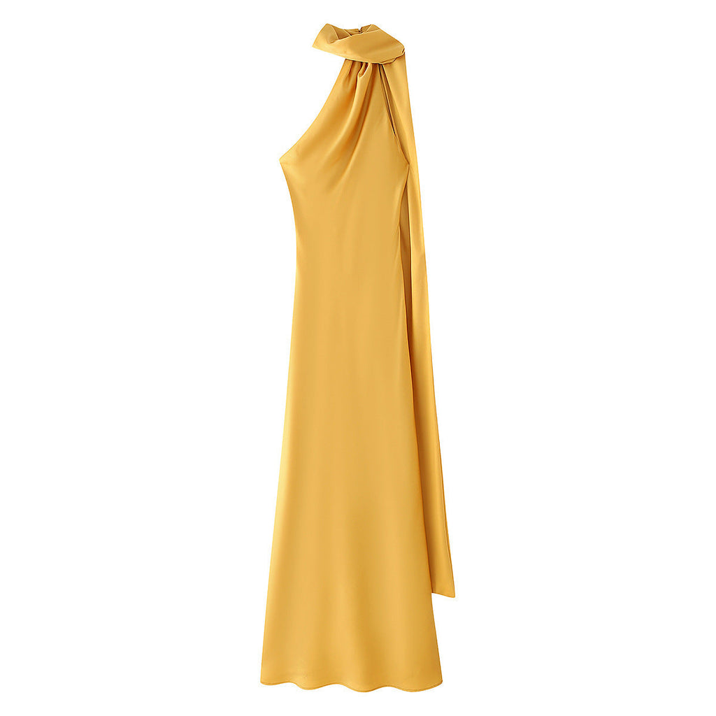 Backless Satin Halter Maxi Dress in Yellow — Svelte Chic