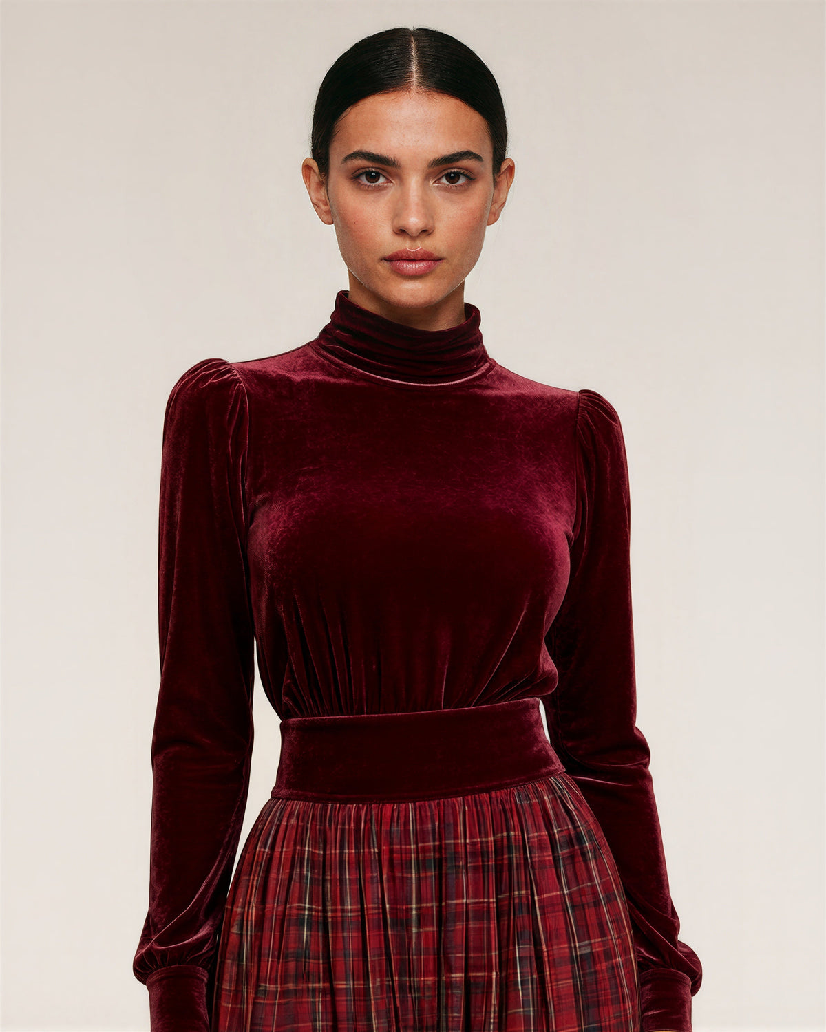Valeria Velvet Blouse and Check Maxi Skirt Set, burgundy, close up above the waist
