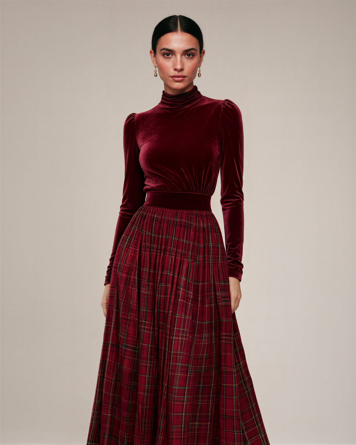 Valeria Velvet Blouse and Check Maxi Skirt Set, burgundy, three quarter view