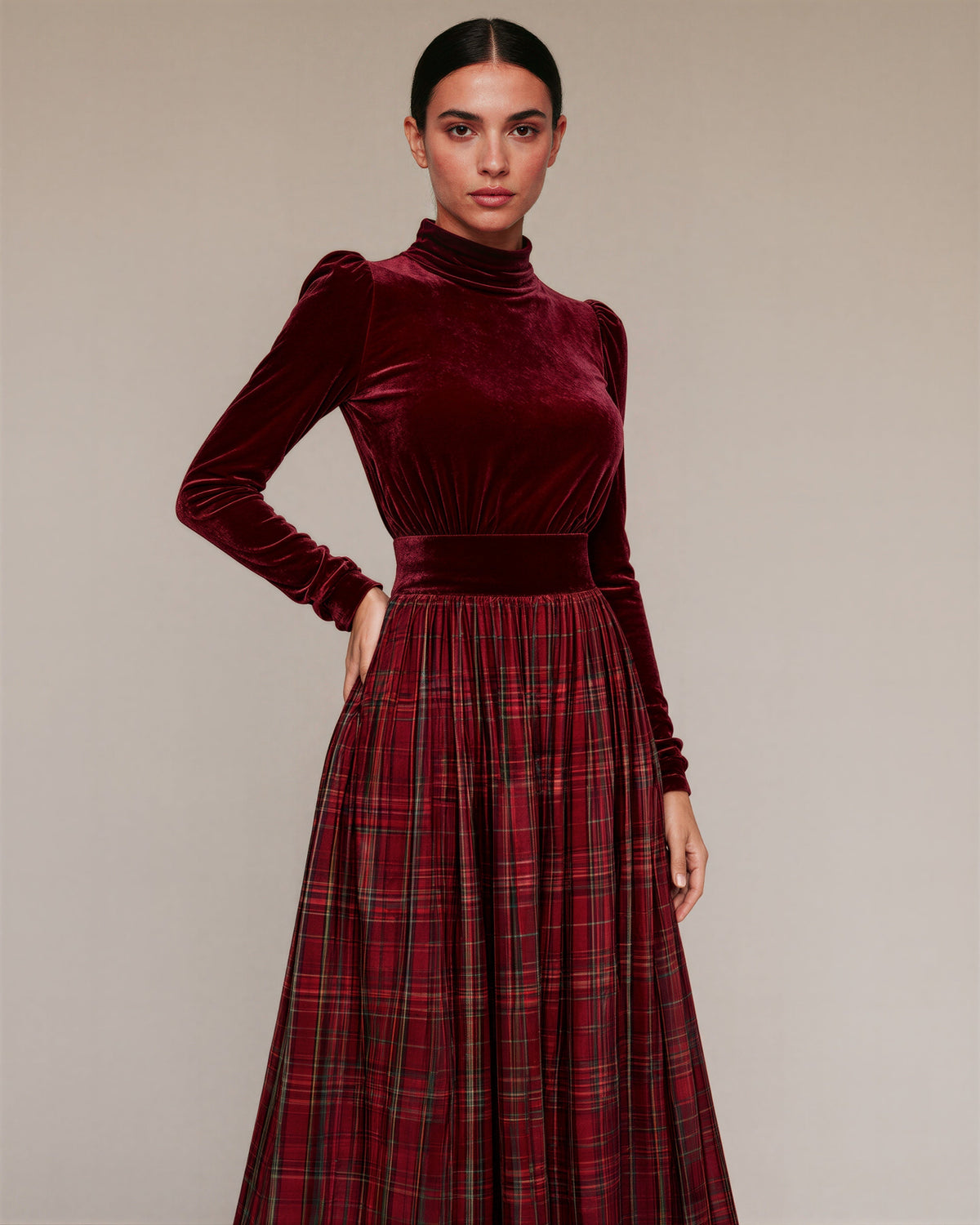 Valeria Velvet Blouse and Check Maxi Skirt Set, burgundy, front, hands on the waist