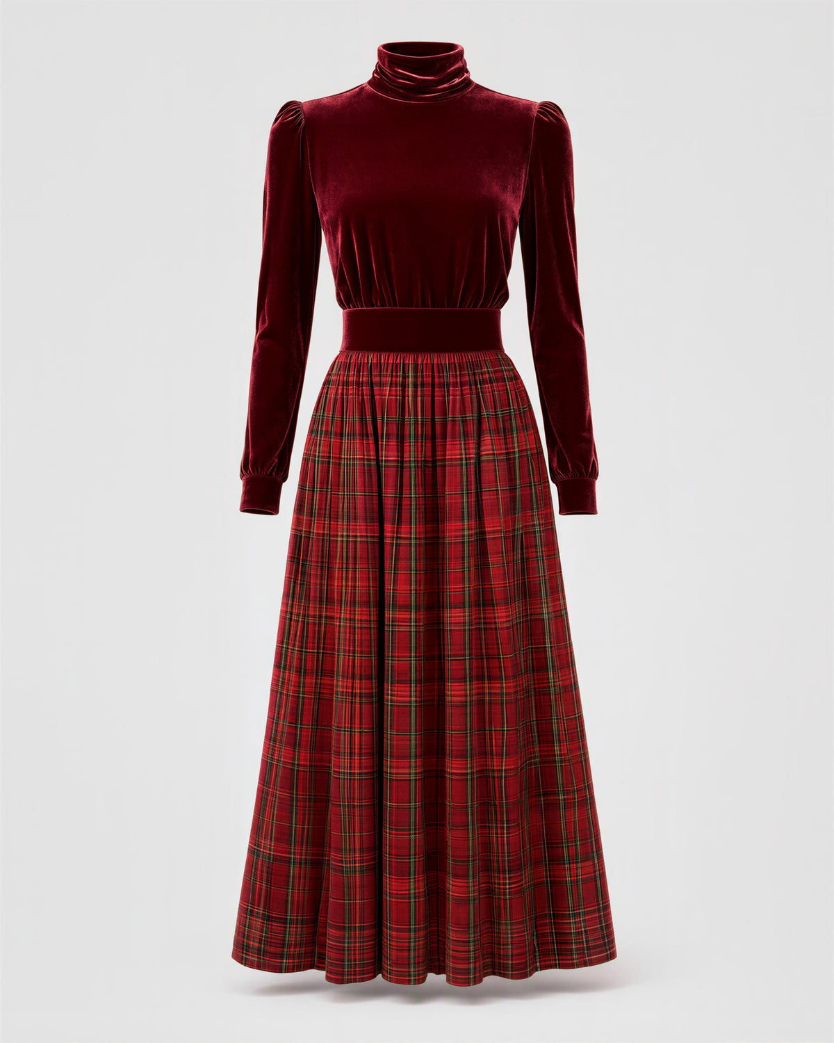 Valeria Velvet Blouse and Check Maxi Skirt Set, burgundy, product view without a model