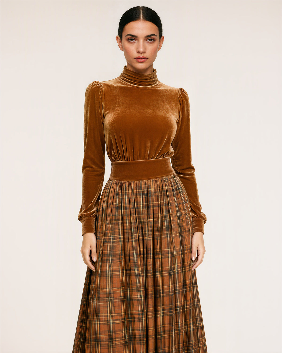 Valeria Velvet Blouse and Check Maxi Skirt Set, caramel color option