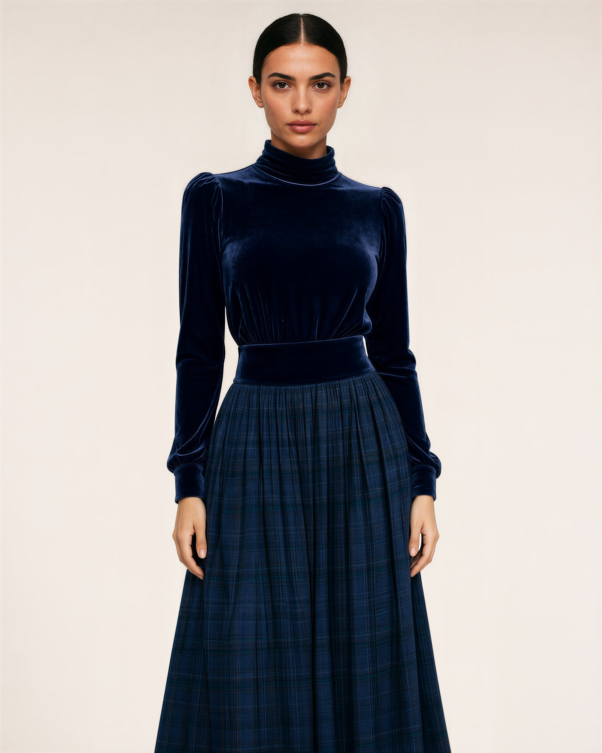 Valeria Velvet Blouse and Check Maxi Skirt Set, navy color option