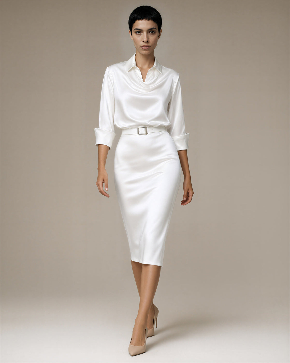 Vanna Shirt Collar Belted Satin Midi Dress, white, full length walking view
