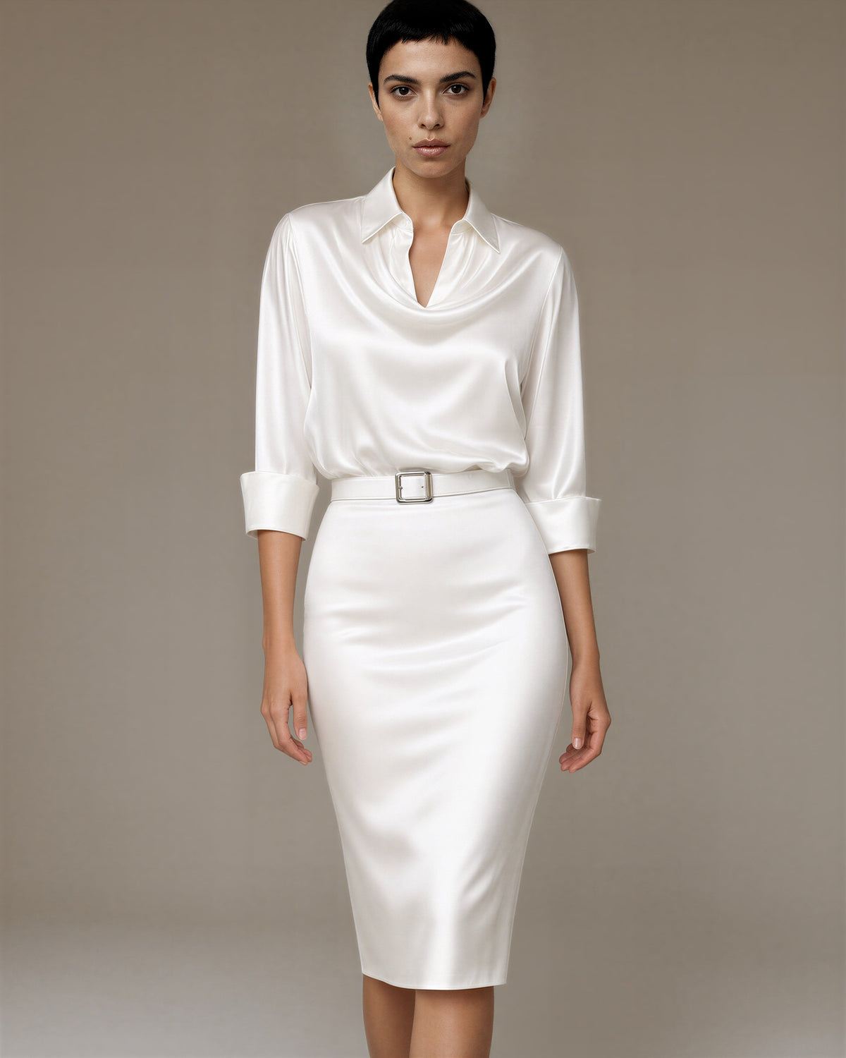 Vanna Shirt Collar Belted Satin Midi Dress, white, front view
