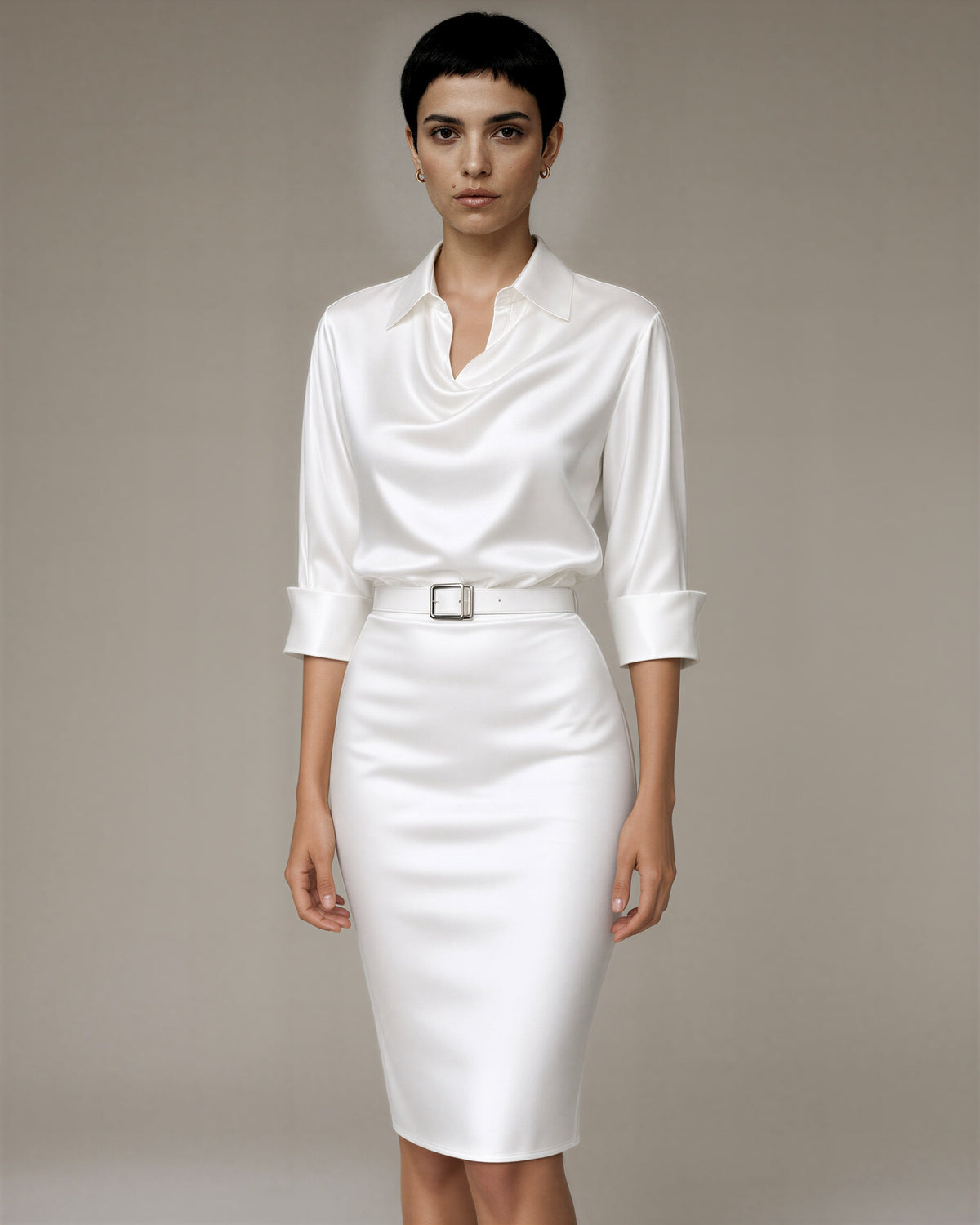 Vanna Shirt Collar Belted Satin Midi Dress, white, three quarter view