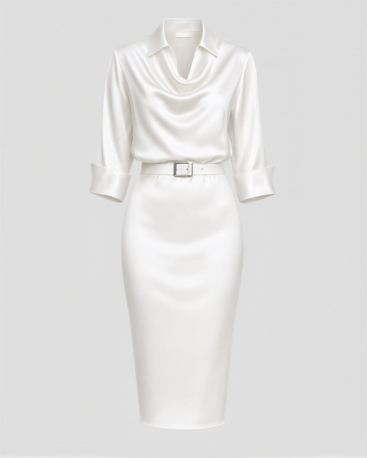 Vanna Shirt Collar Belted Satin Midi Dress, white, product view without a model
