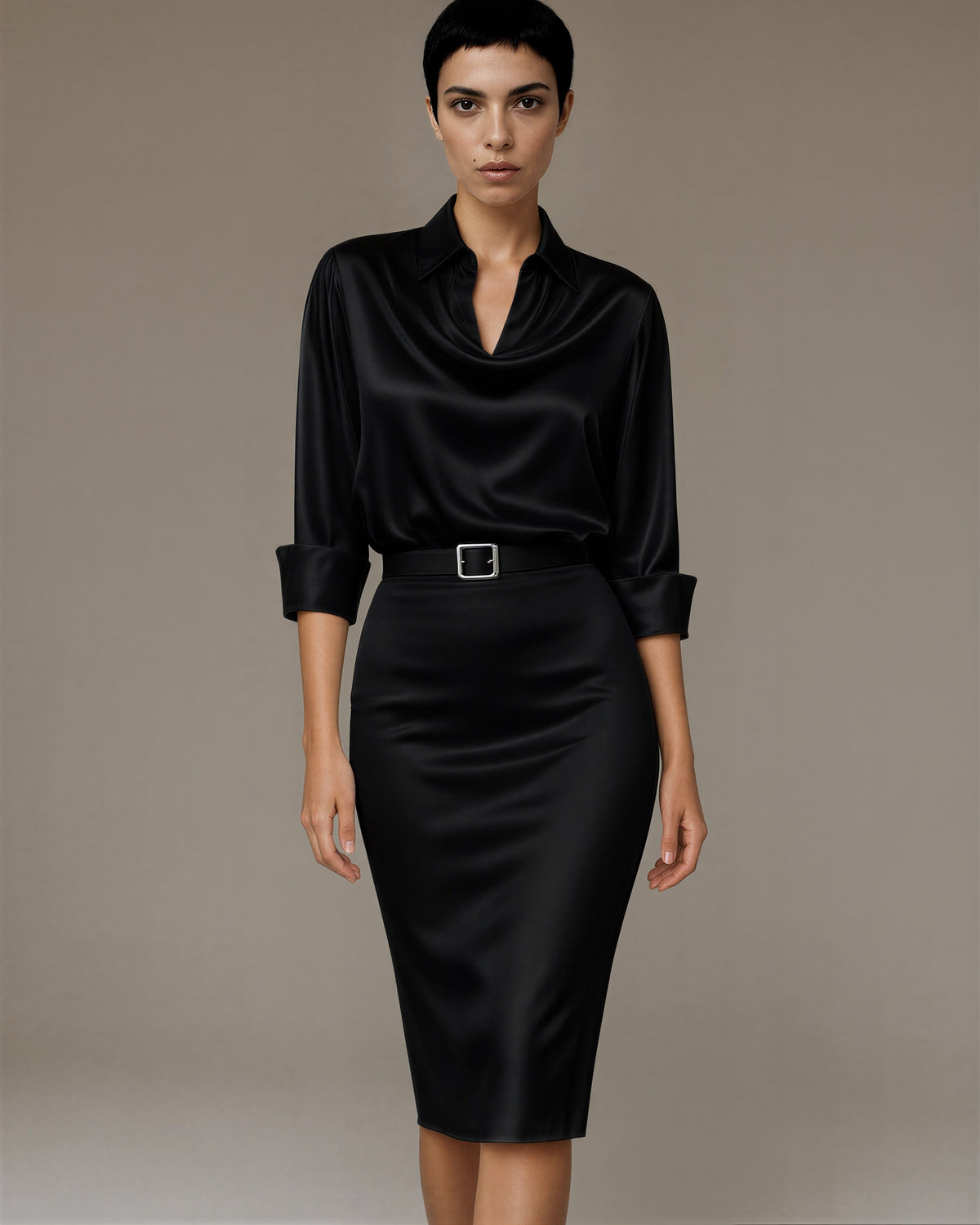 Vanna Shirt Collar Belted Satin Midi Dress, black color option