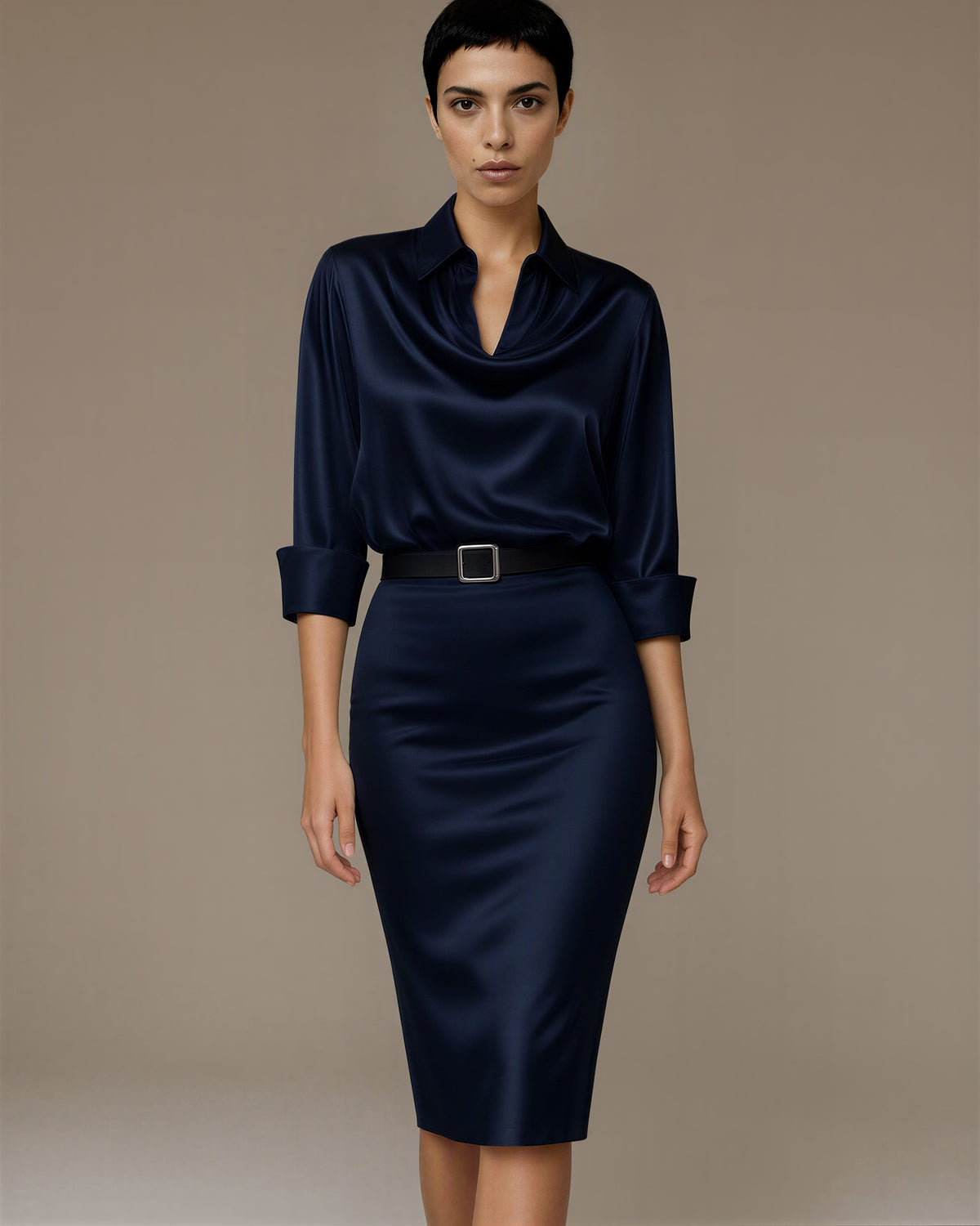 Vanna Shirt Collar Belted Satin Midi Dress, navy color option