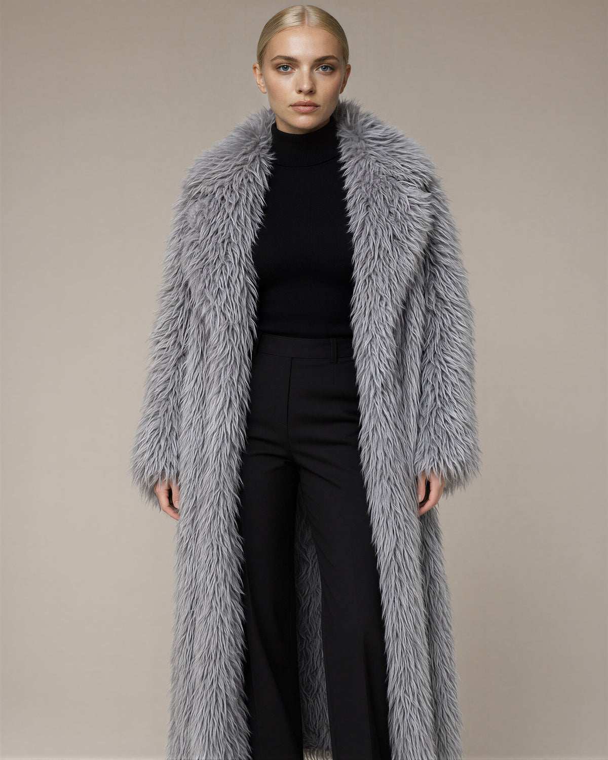 Velia Long Pile Maxi Faux Fur Coat, silver grey, front view
