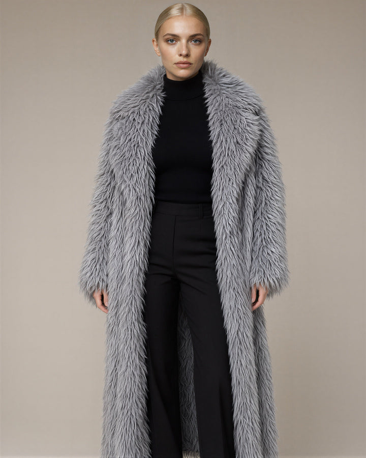 Velia Long Pile Maxi Faux Fur Coat, silver grey, front view