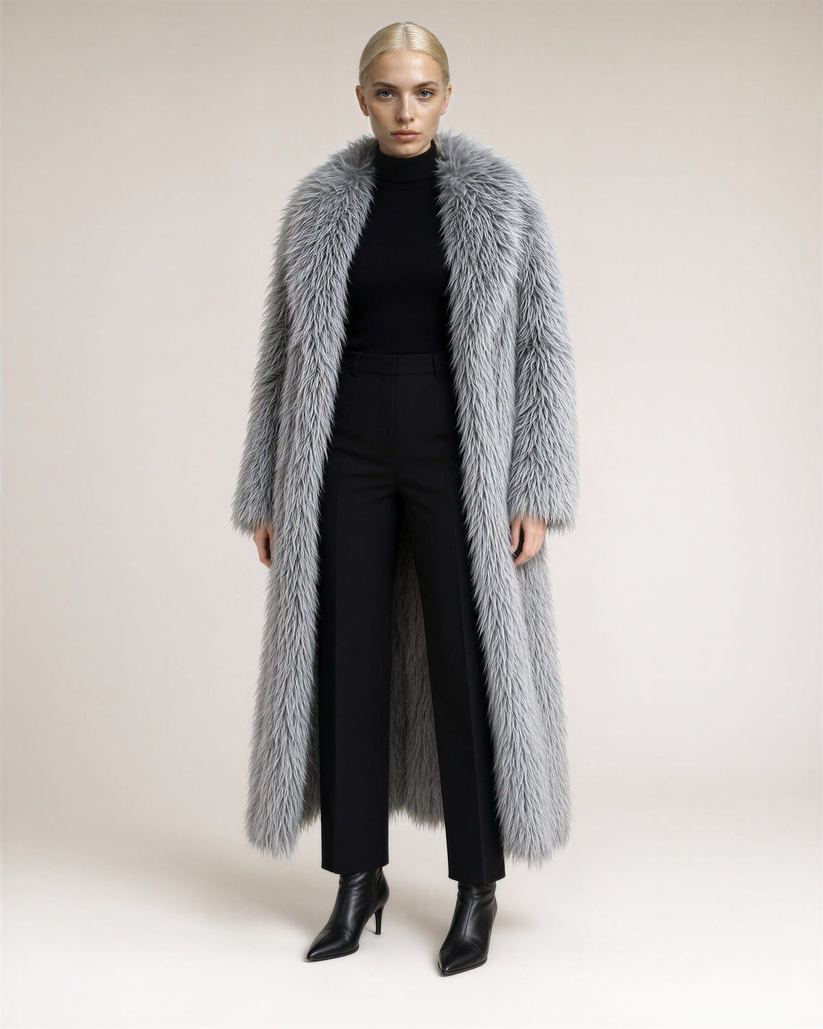 Velia Long Pile Maxi Faux Fur Coat, silver grey, full length front view